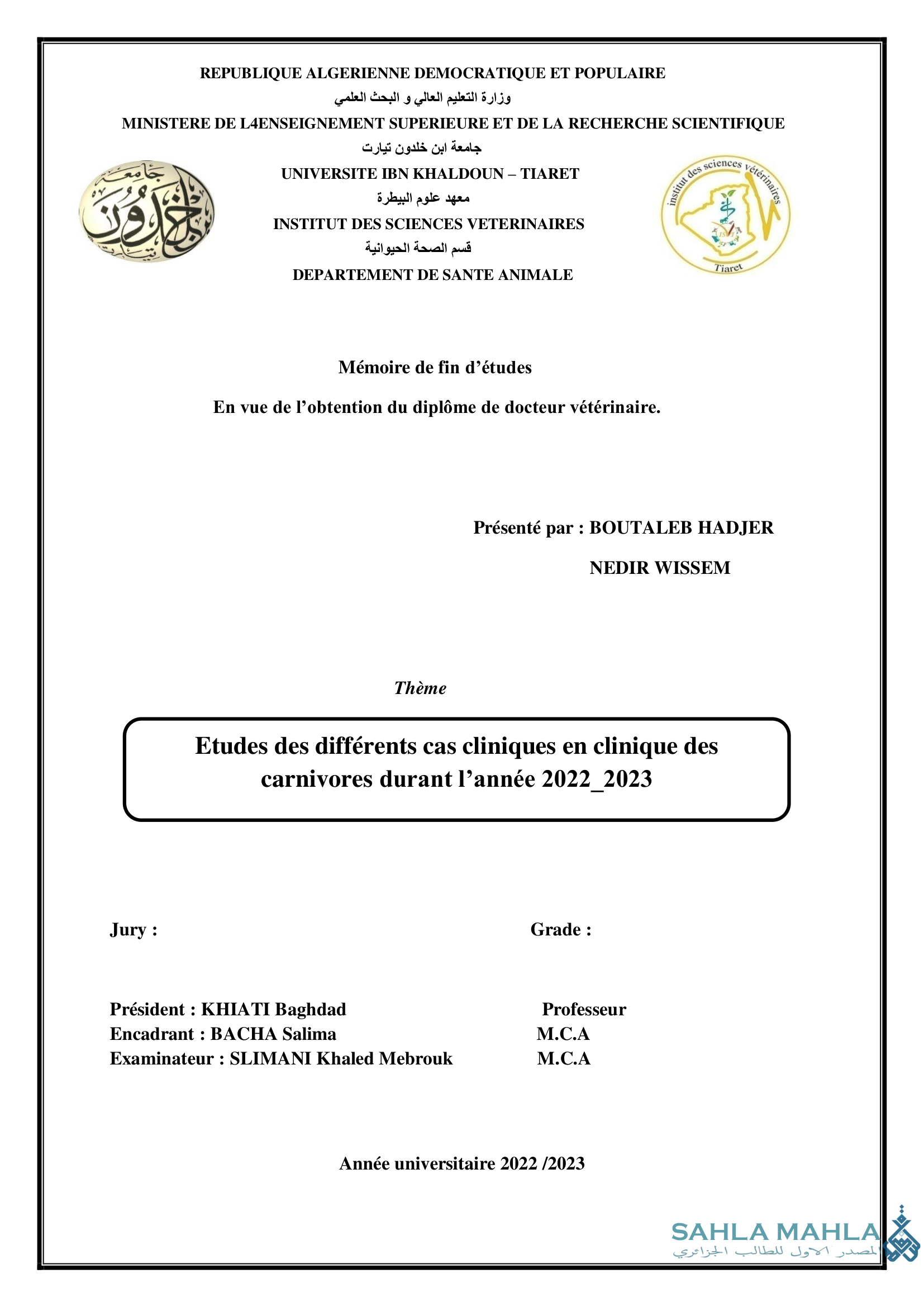 Etudes des différents cas cliniques en clinique des carnivores durant l'année 2022_2023