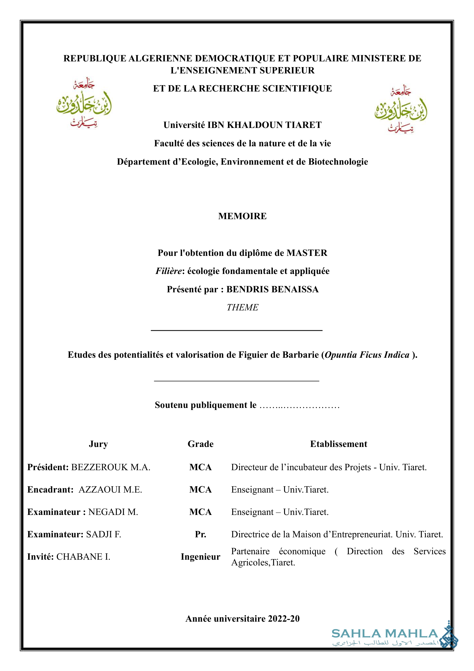 Etudes des potentialités et valorisation de Figuier de Barbarie (Opuntia Ficus Indica).