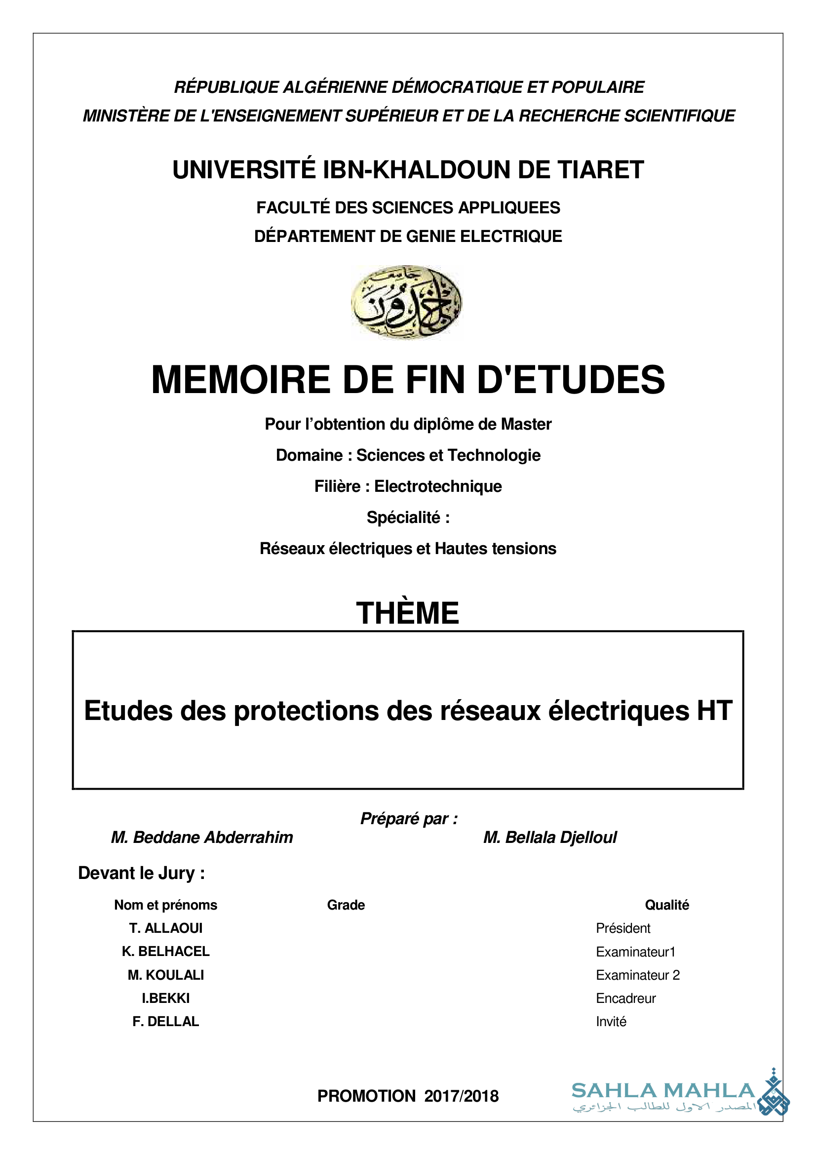 Etudes des protections des réseaux électriques HT