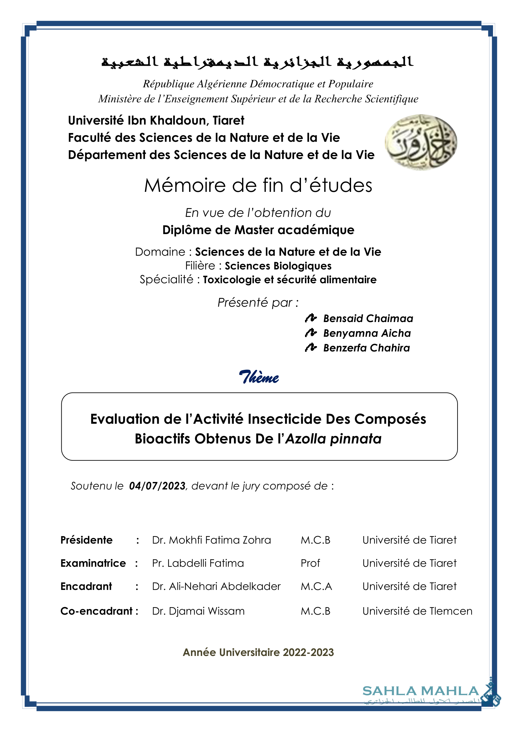 Evaluation de l'Activité Insecticide Des Composés Bioactifs Obtenus De l'Azolla pinnata