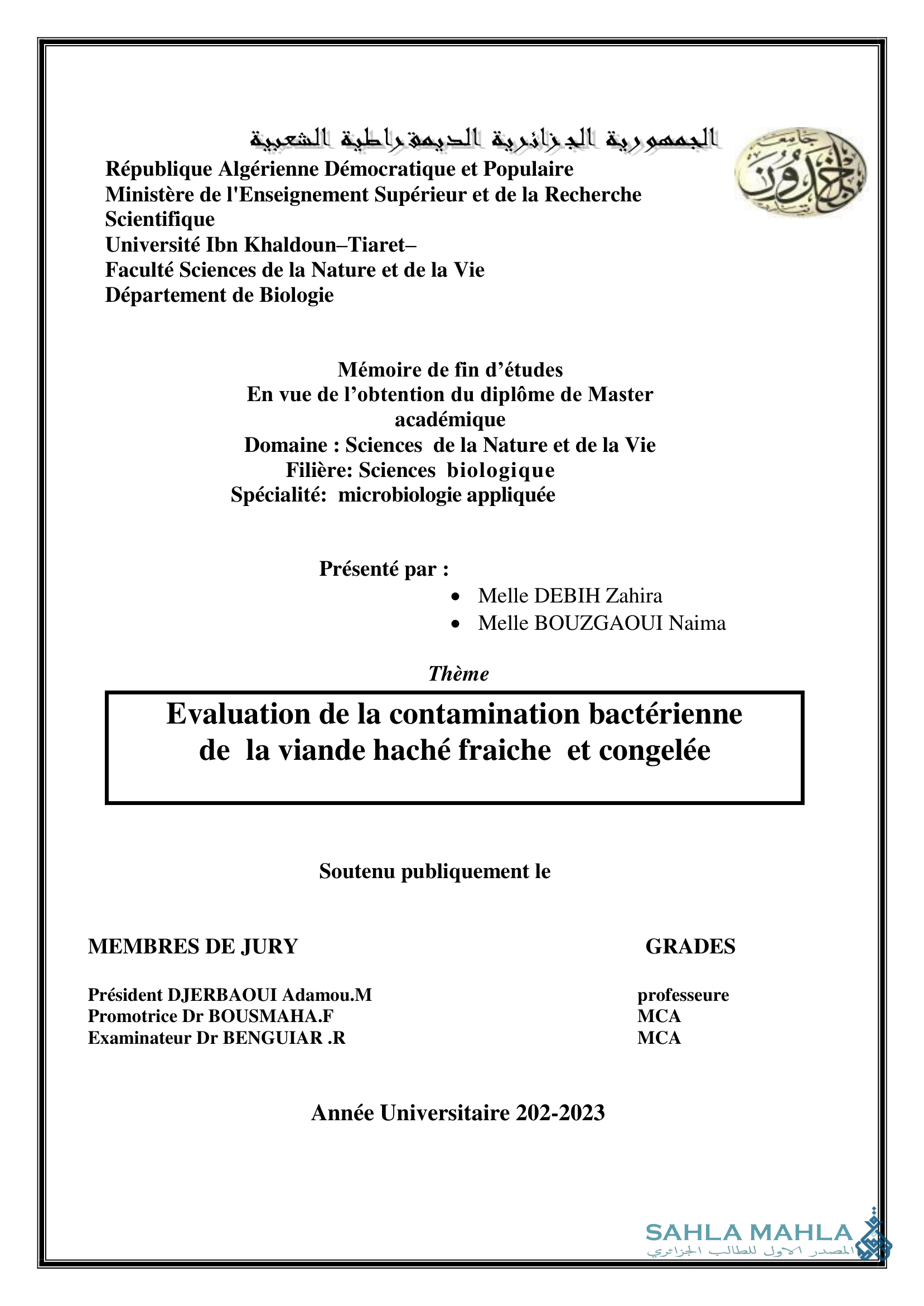 Evaluation de la contamination bactérienne de la viande haché fraiche et congelée
