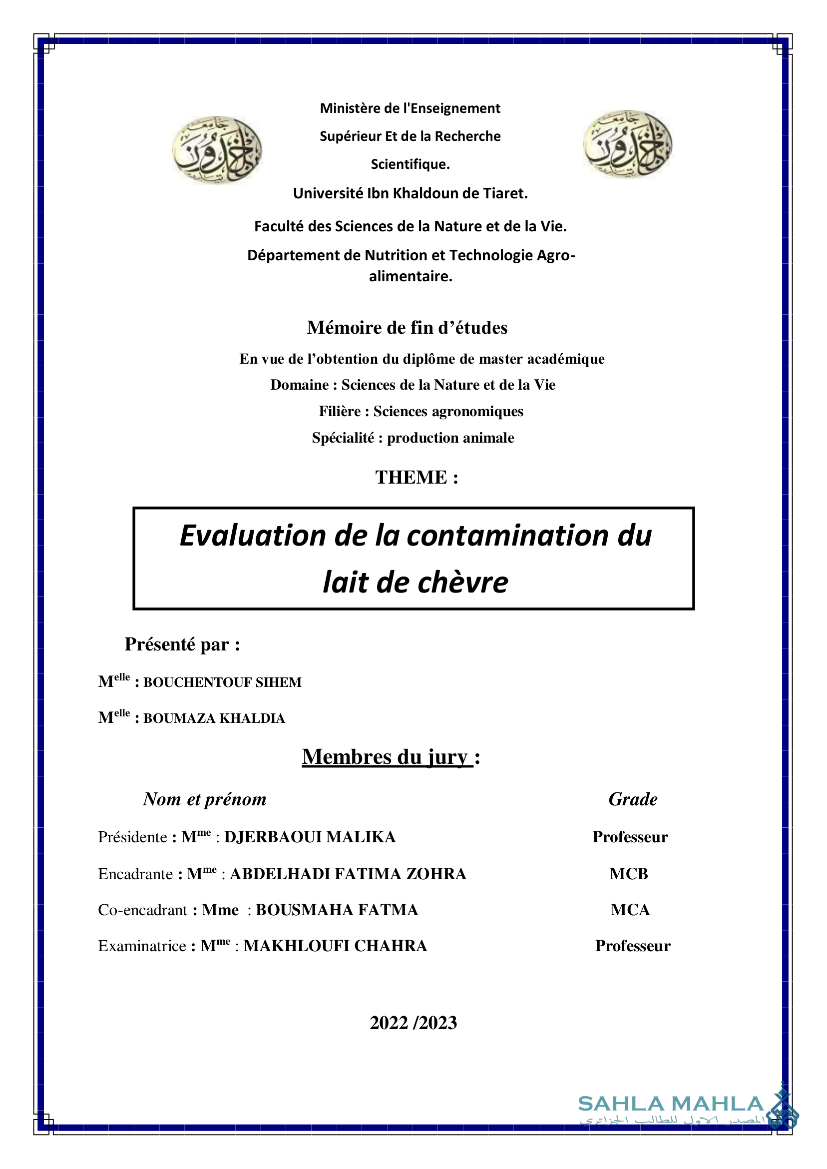 Evaluation de la contamination du lait de chèvre