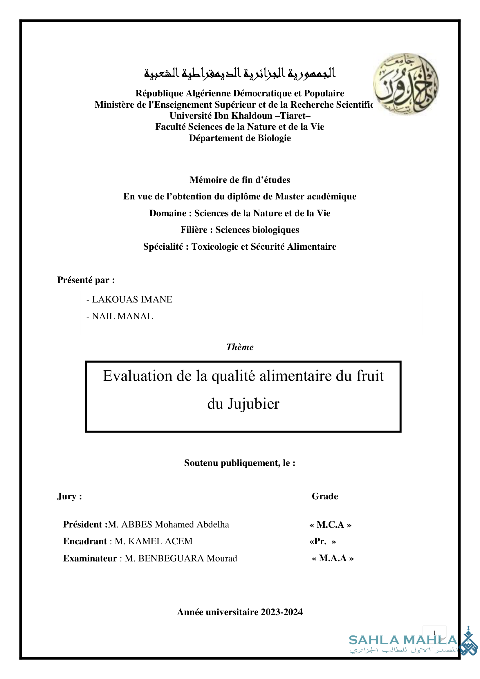 Evaluation de la qualité alimentaire du fruit du Jujubier