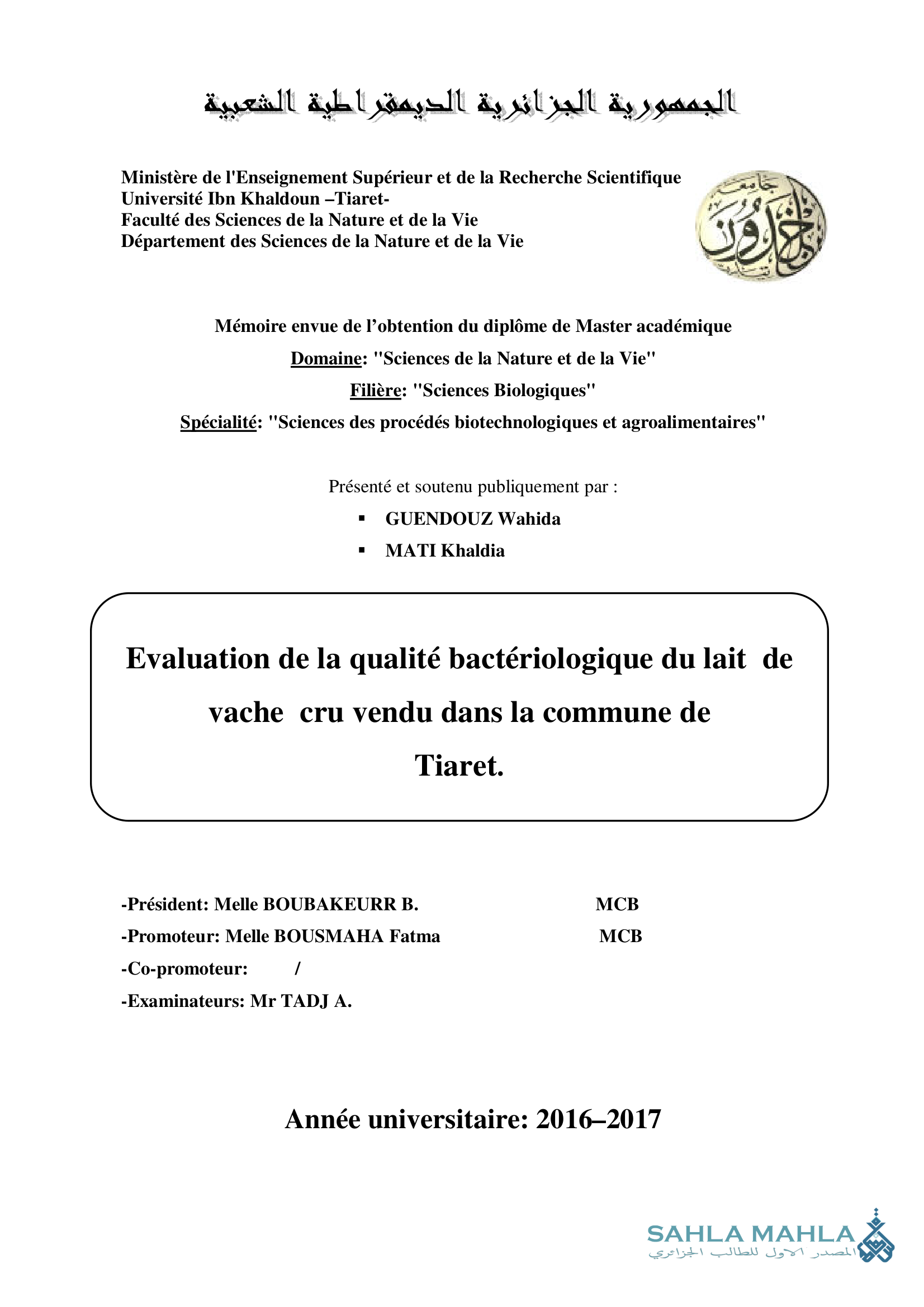 Evaluation de la qualité bactériologique du lait de vache cru vendu dans la commune de Tiaret.