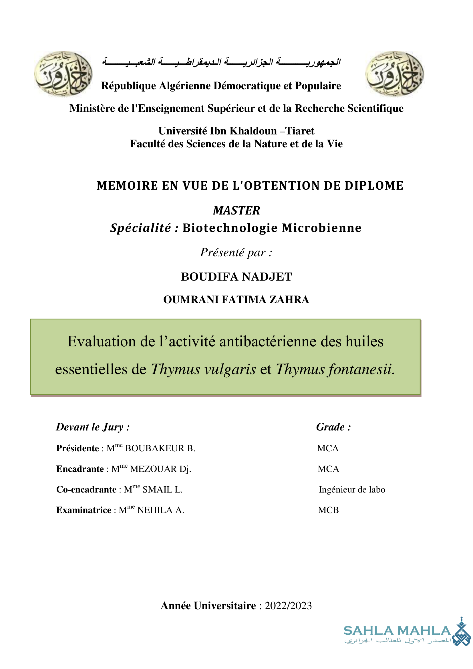Evaluation de l'activité antibactérienne des huiles essentielles de Thymus vulgaris et Thymus fontanesii.