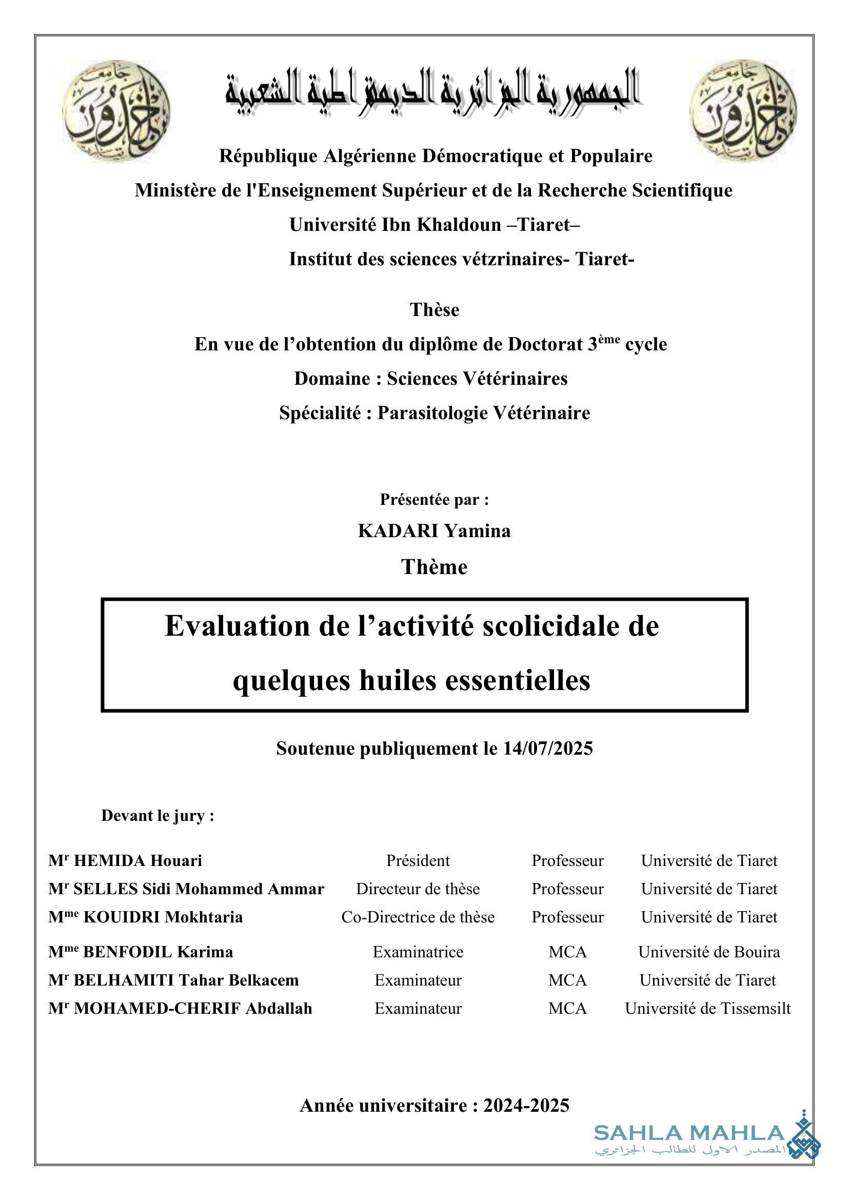 Evaluation de l'activité scolicidale de quelques huiles essentielles