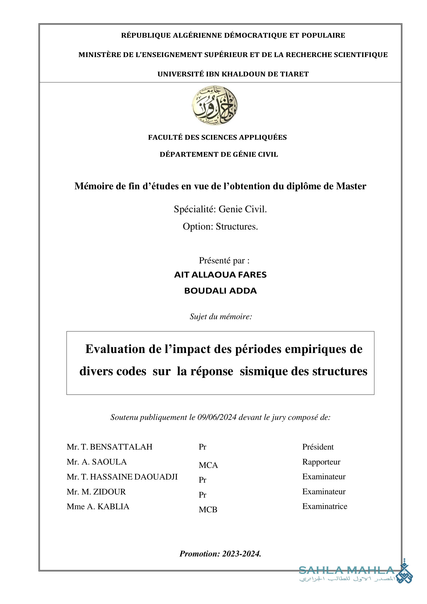Evaluation de l'impact des périodes empiriques de divers codes sur la réponse sismique des structures