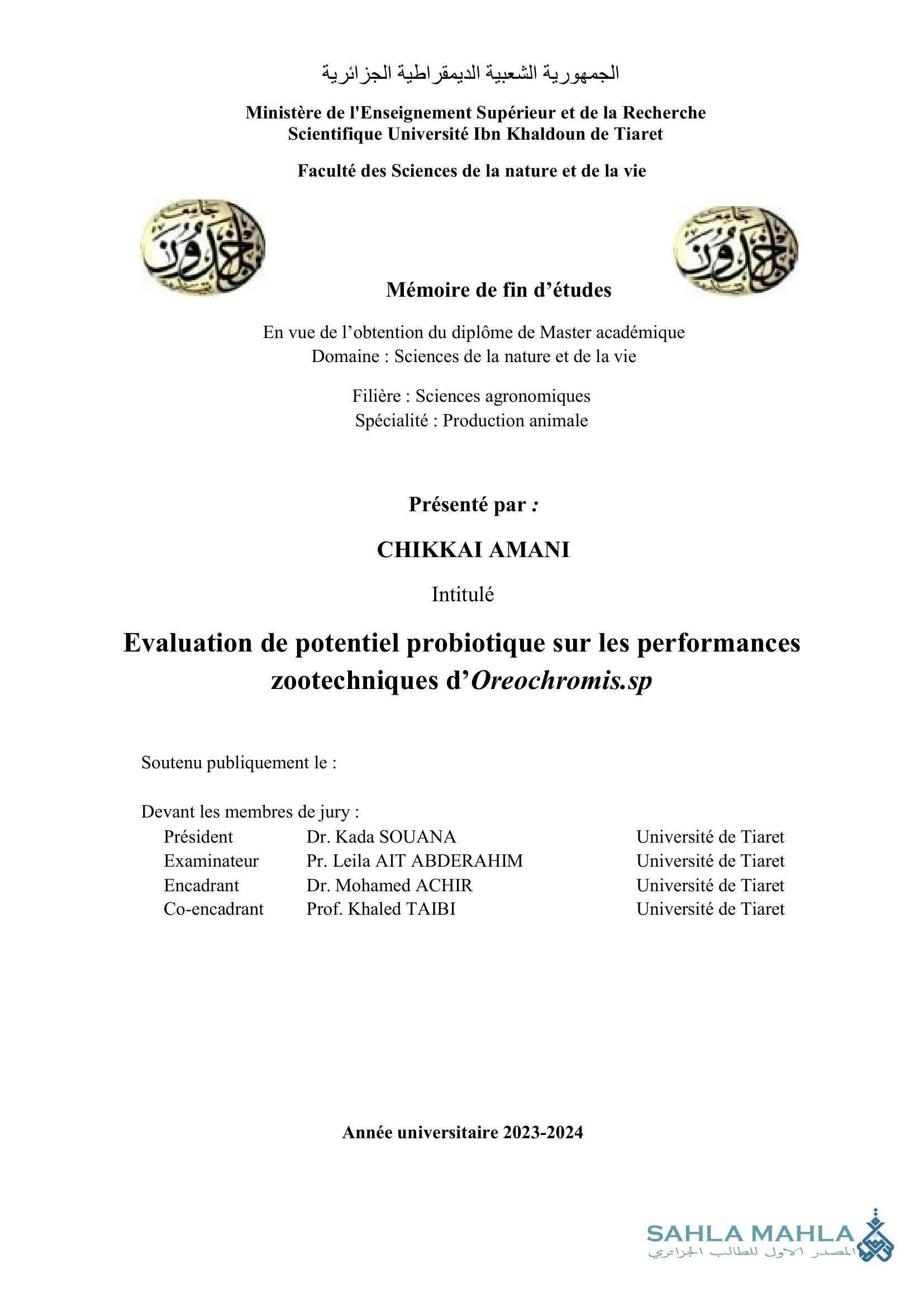 Evaluation de potentiel probiotique sur les performances zootechniques d'Oreochromis.sp