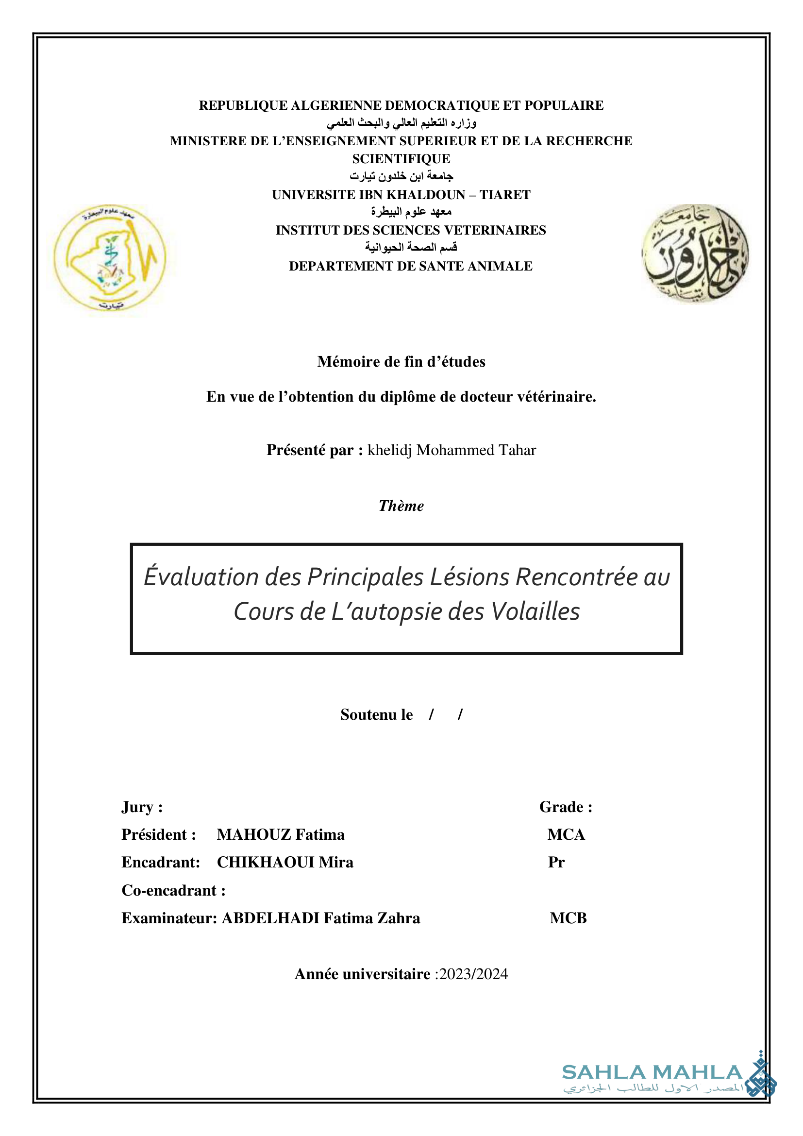 Évaluation des Principales Lésions Rencontrée au Cours de L'autopsie des Volailles