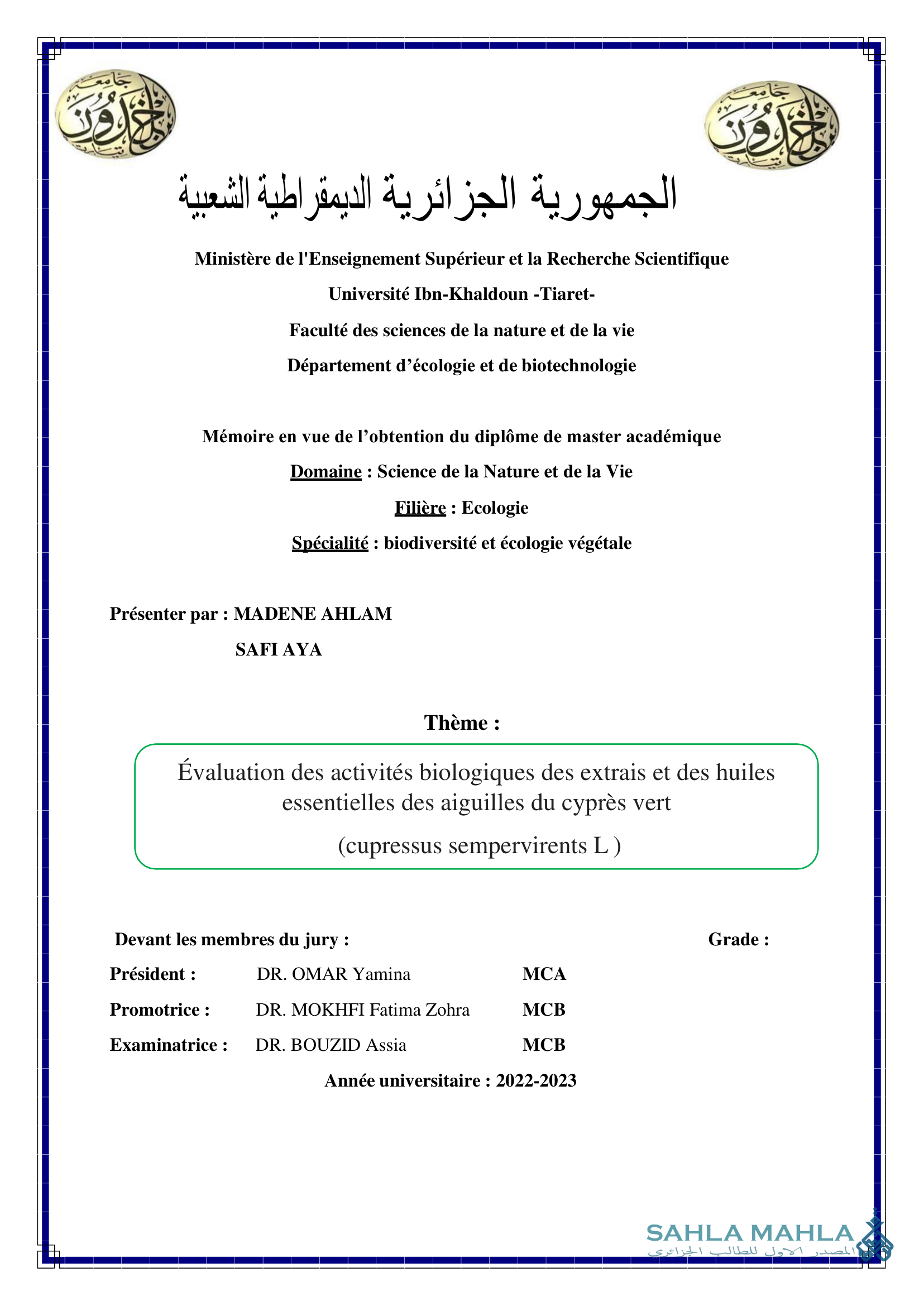 Évaluation des activités biologiques des extrais et des huiles essentielles des aiguilles du cyprès vert (cupressus sempervirents L)