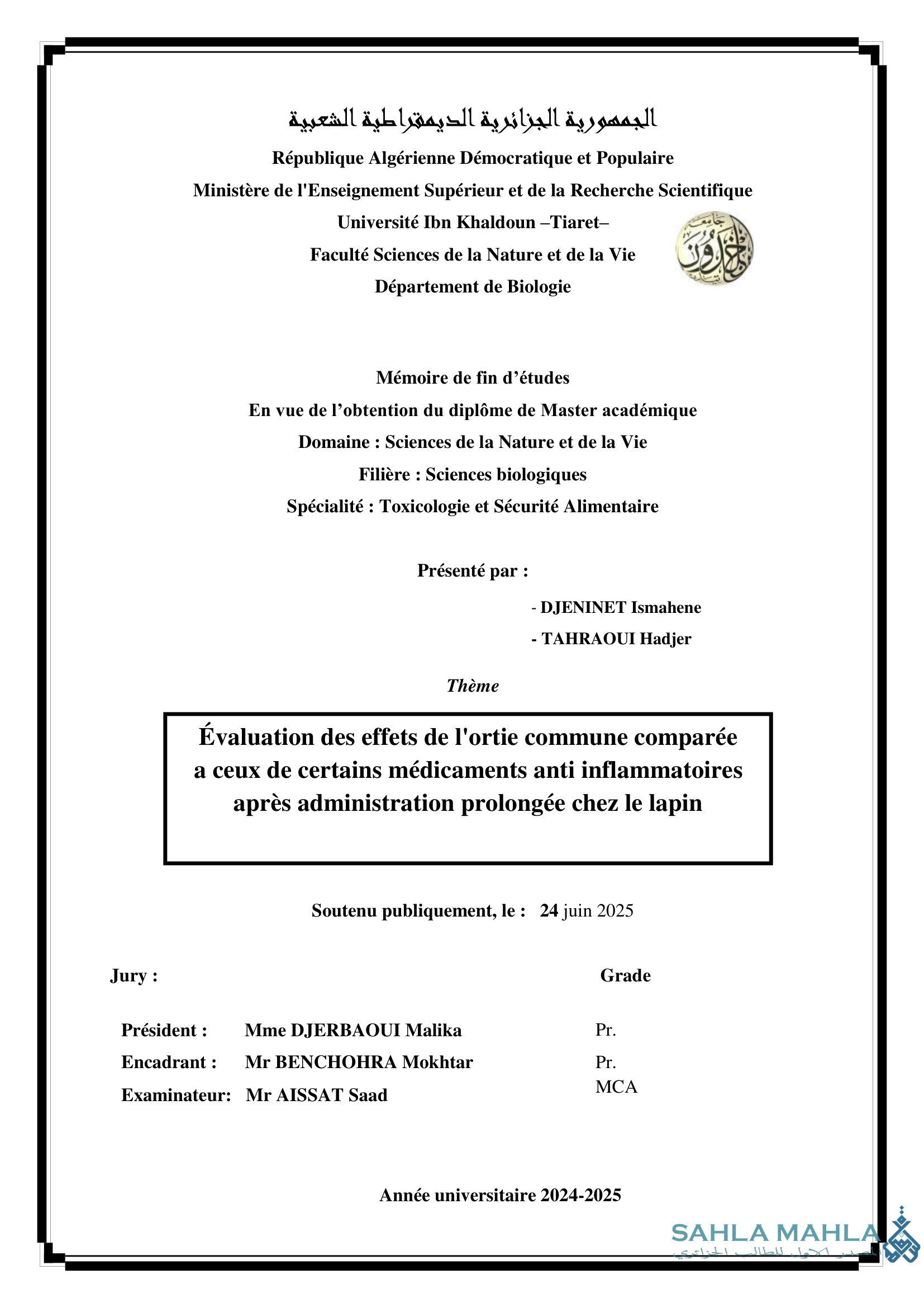 Évaluation des effets de l'ortie commune comparée a ceux de certains médicaments anti inflammatoires après administration prolongée chez le lapin
