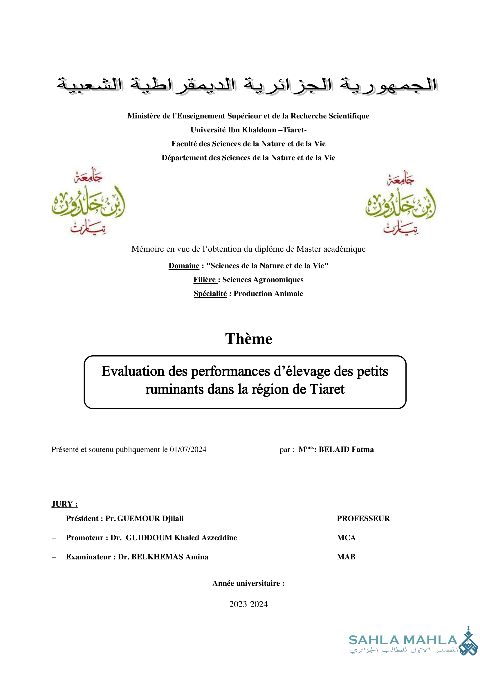 Evaluation des performances d'élevage des petits ruminants dans la région de Tiaret