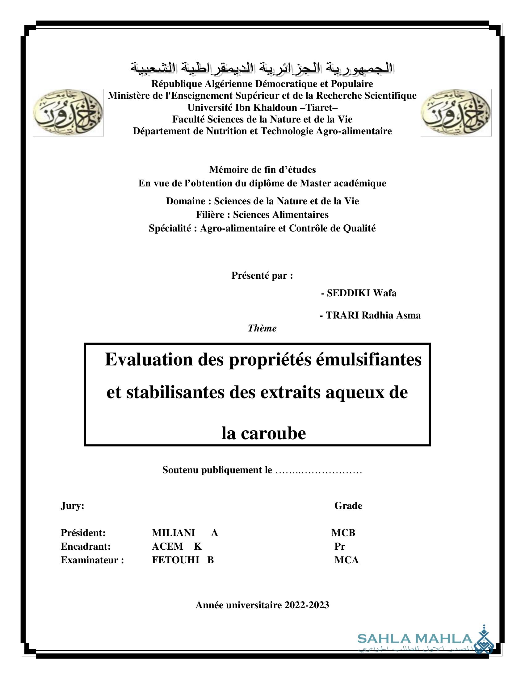 Evaluation des propriétés émulsifiantes et stabilisantes des extraits aqueux de la caroube
