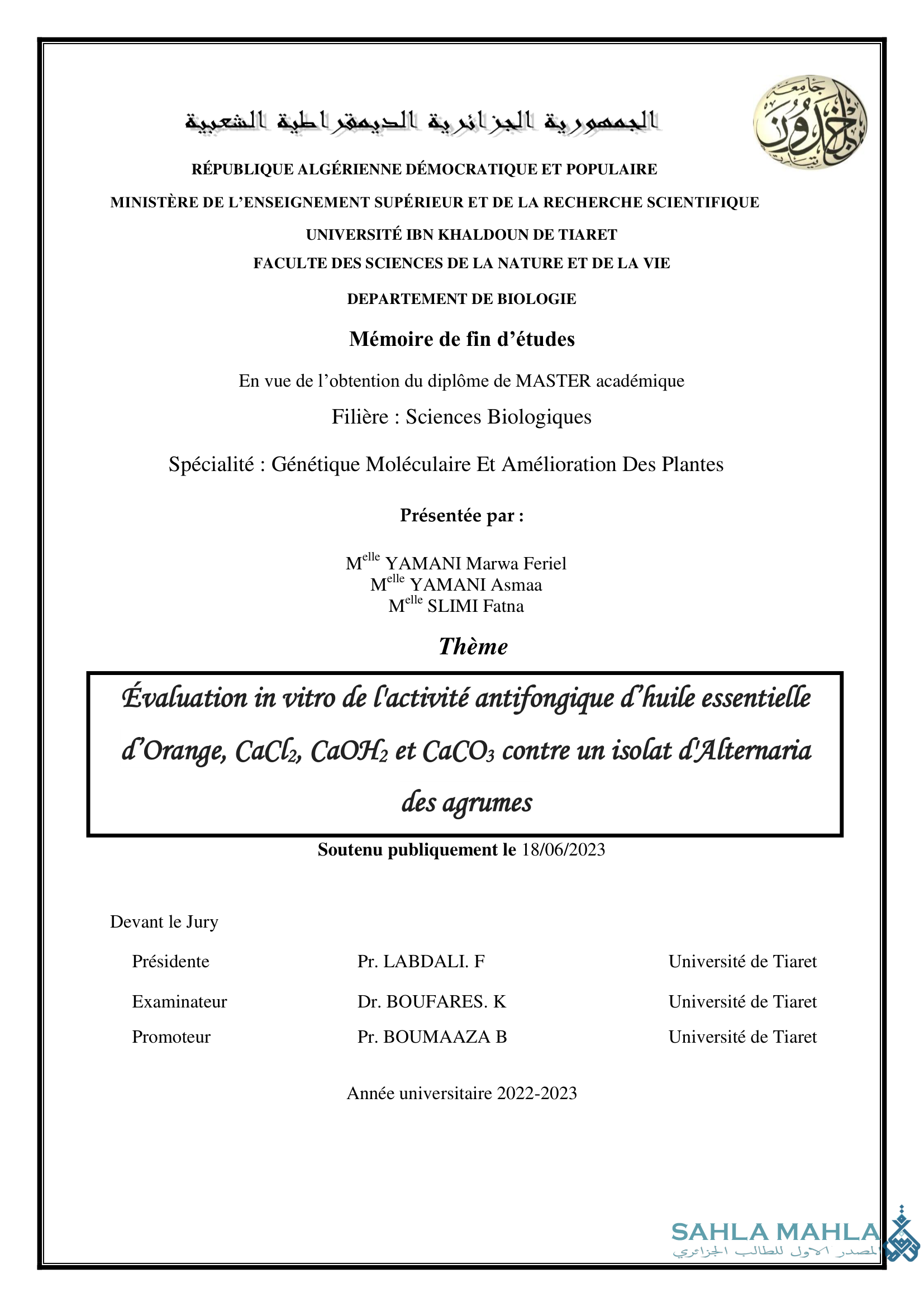 Évaluation in vitro de l'activité antifongique d'huile essentielle d'Orange, CaCl2, CaOH2 et CaCO3 contre un isolat d'Alternaria des agrumes