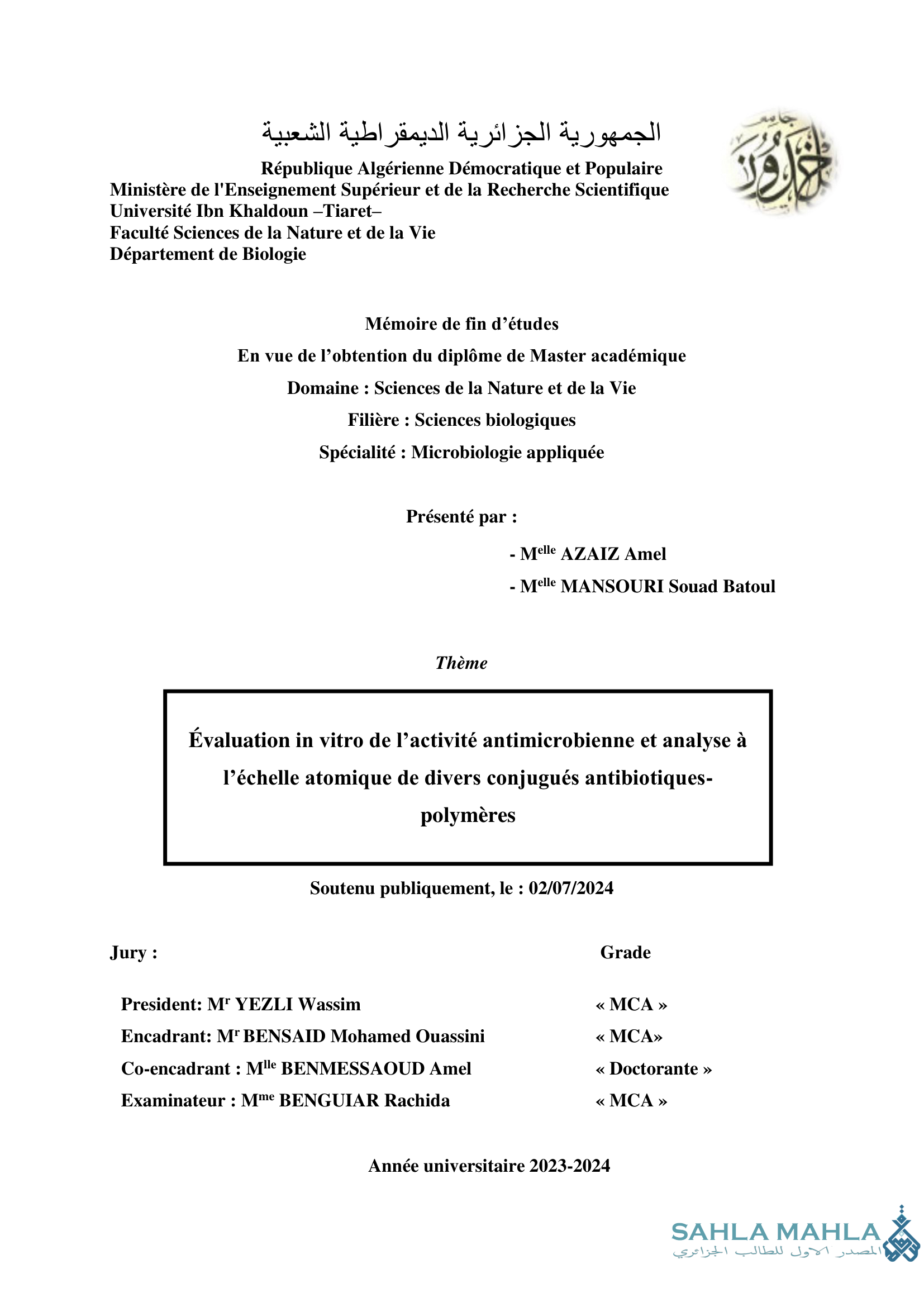 Évaluation in vitro de l'activité antimicrobienne et analyse à l'échelle atomique de divers conjugués antibiotiques-polymères