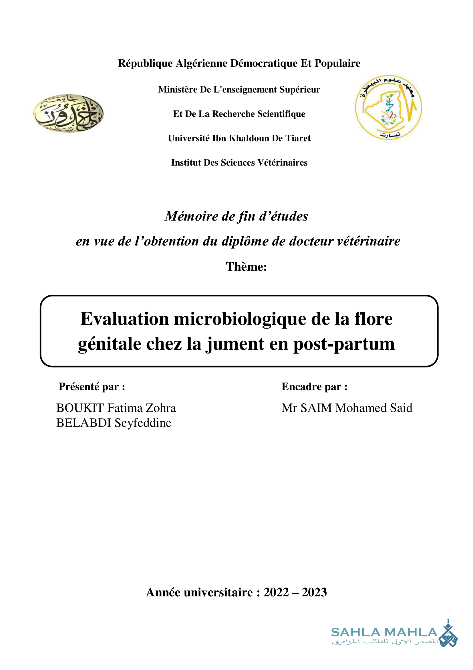 Evaluation microbiologique de la flore génitale chez la jument en post-partum