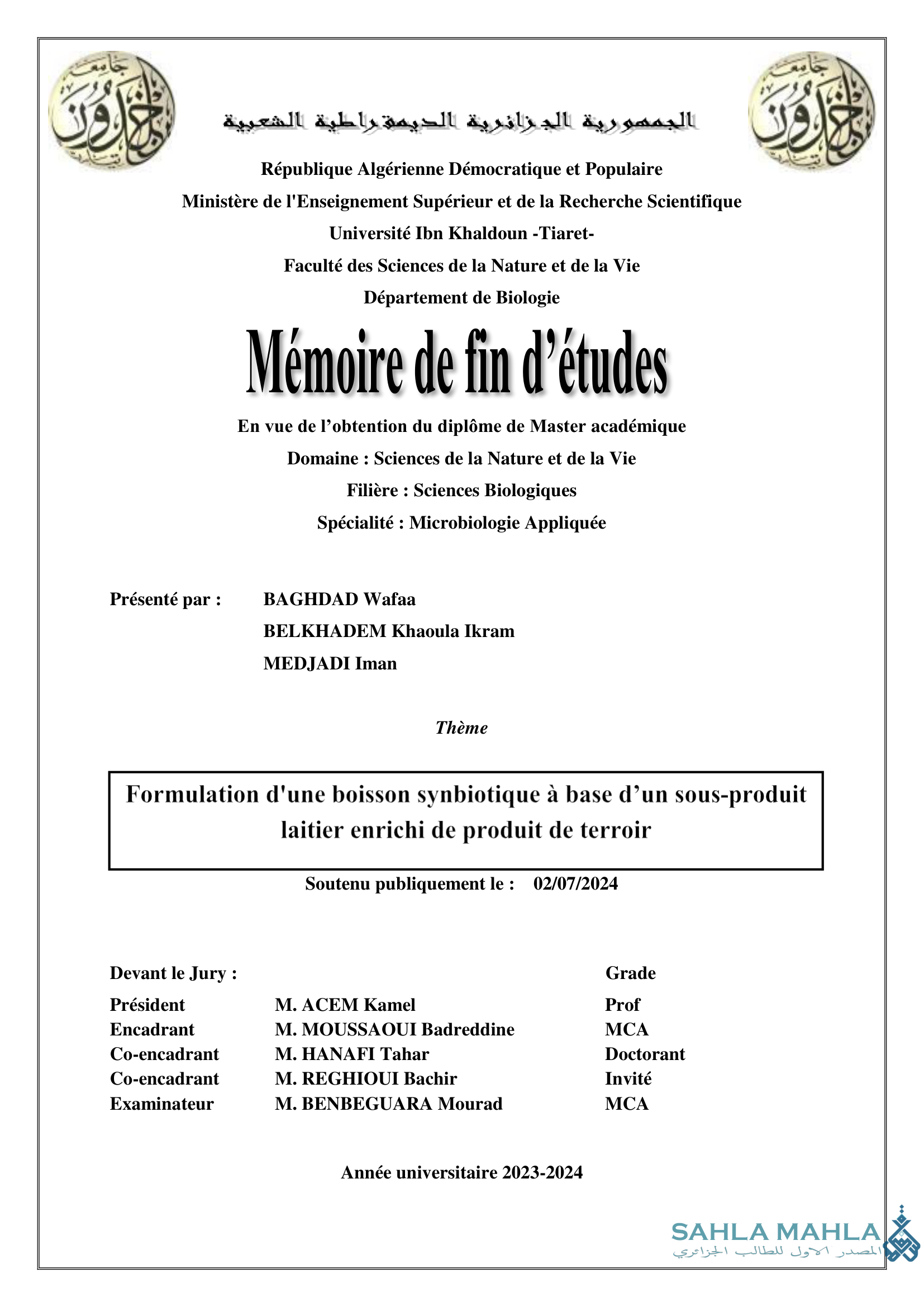 Formulation d'une boisson synbiotique à base d'un sous-produit laitier enrichi de produit de terroir