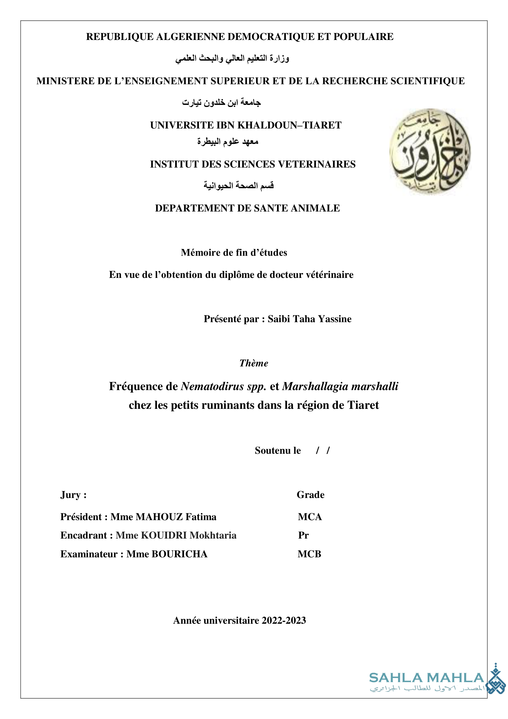 Fréquence de Nematodirus spp. et Marshallagia marshalli chez les petits ruminants dans la région de Tiaret