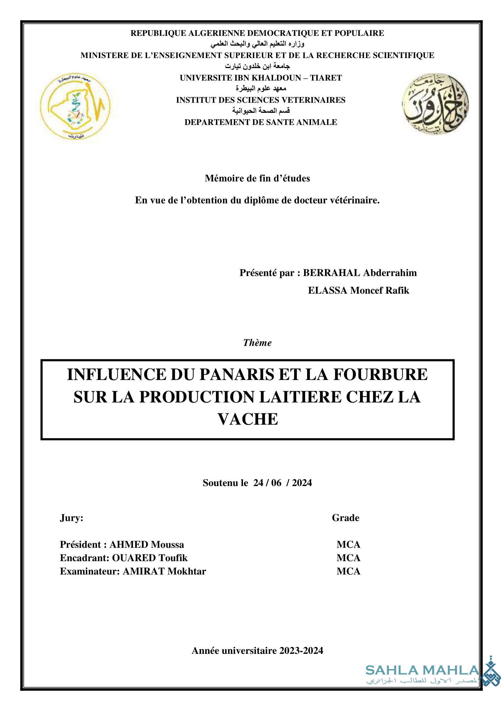 INFLUENCE DU PANARIS ET LA FOURBURE SUR LA PRODUCTION LAITIERE CHEZ LA VACHE