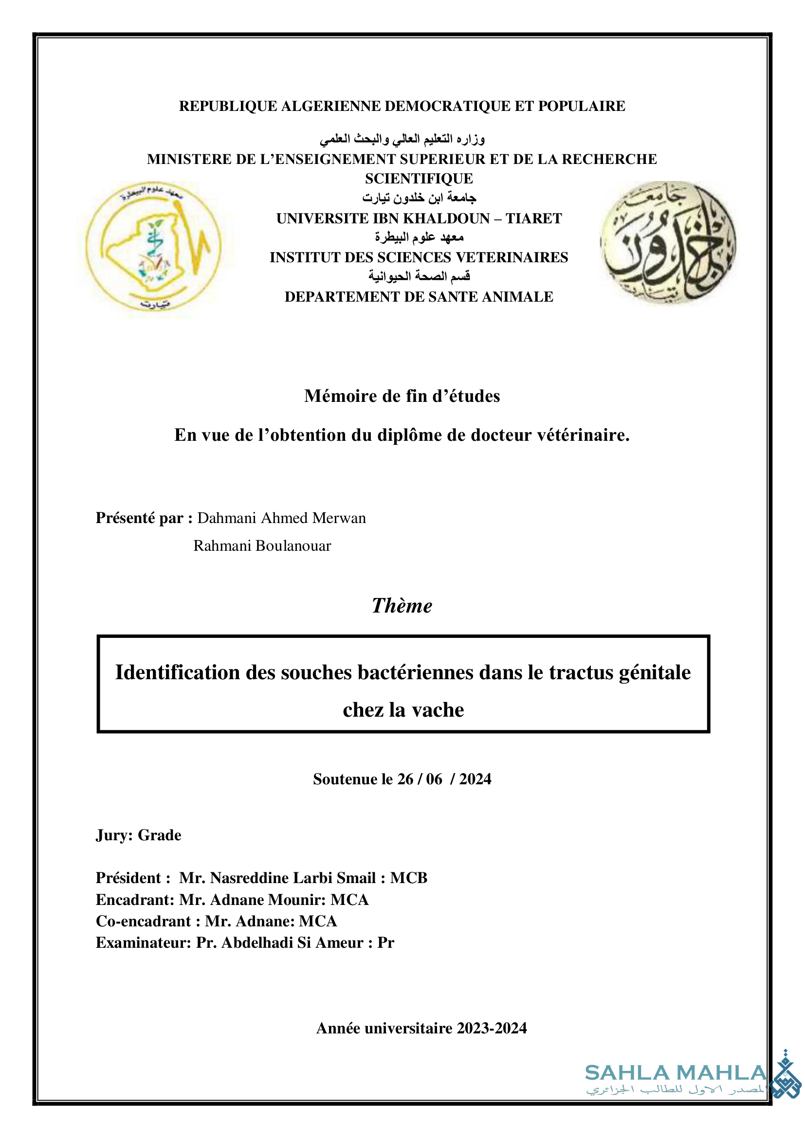 Identification des souches bactériennes dans le tractus génitale chez la vache