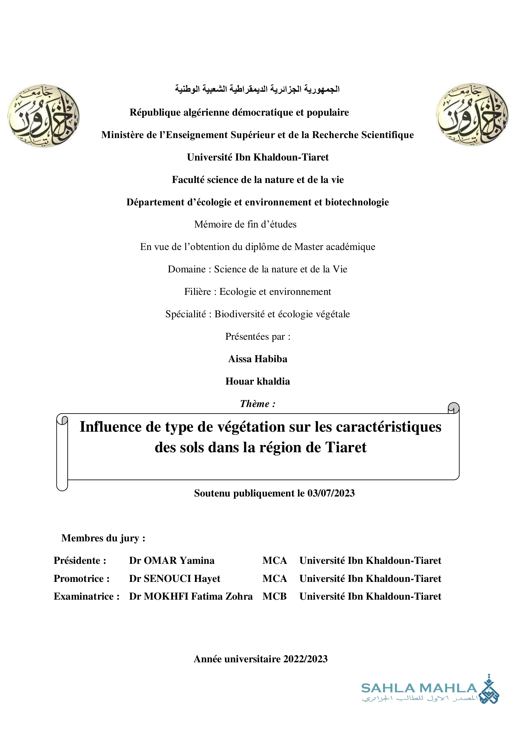Influence de type de végétation sur les caractéristiques des sols dans la région de Tiaret