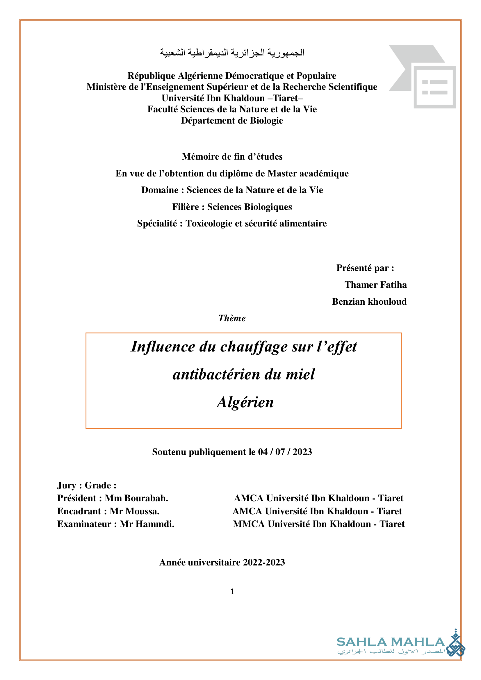 Influence du chauffage sur l'effet antibactérien du miel Algérien
