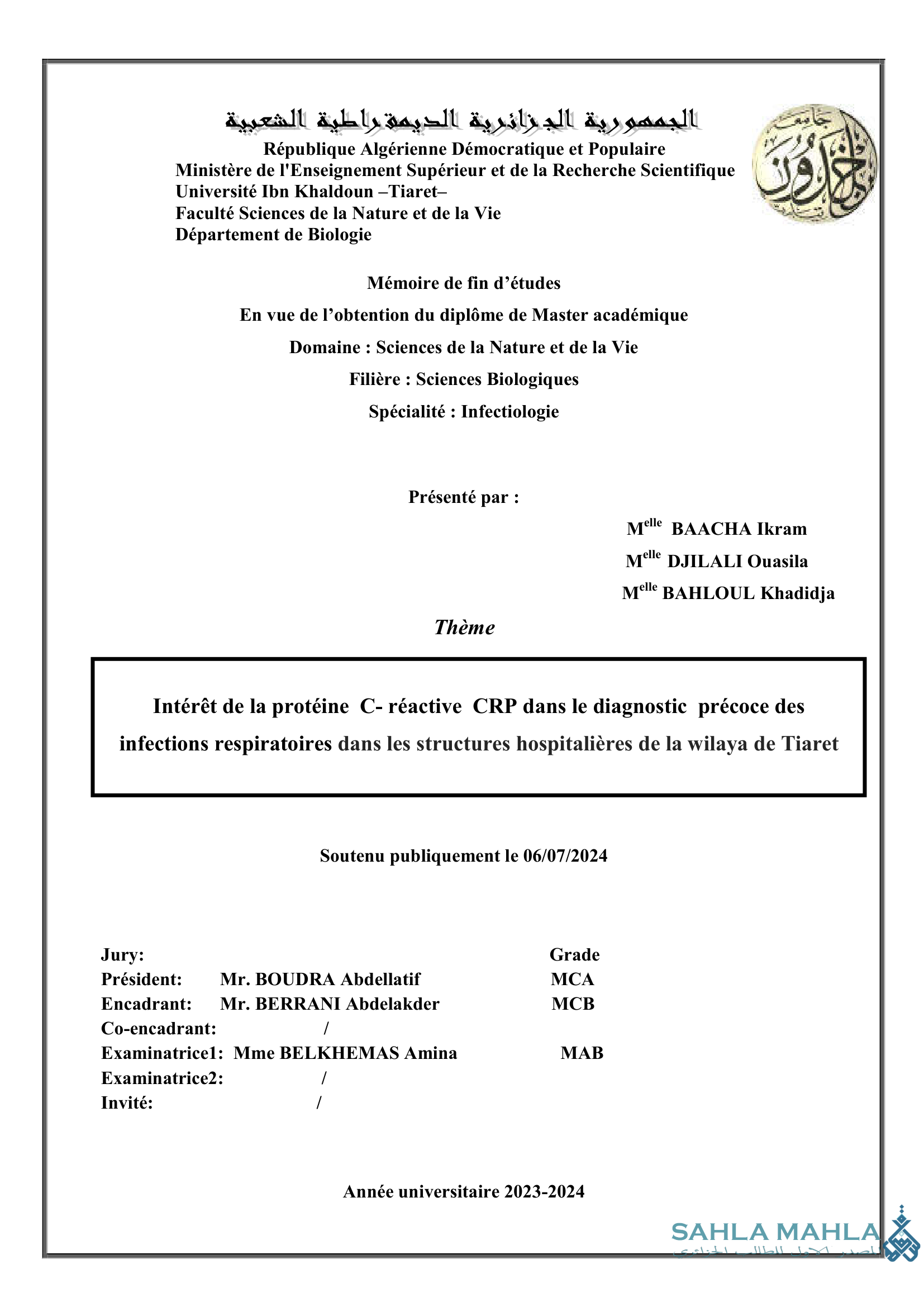 Intérêt de la protéine C- réactive CRP dans le diagnostic précoce des infections respiratoires dans les structures hospitalières de la wilaya de Tiaret