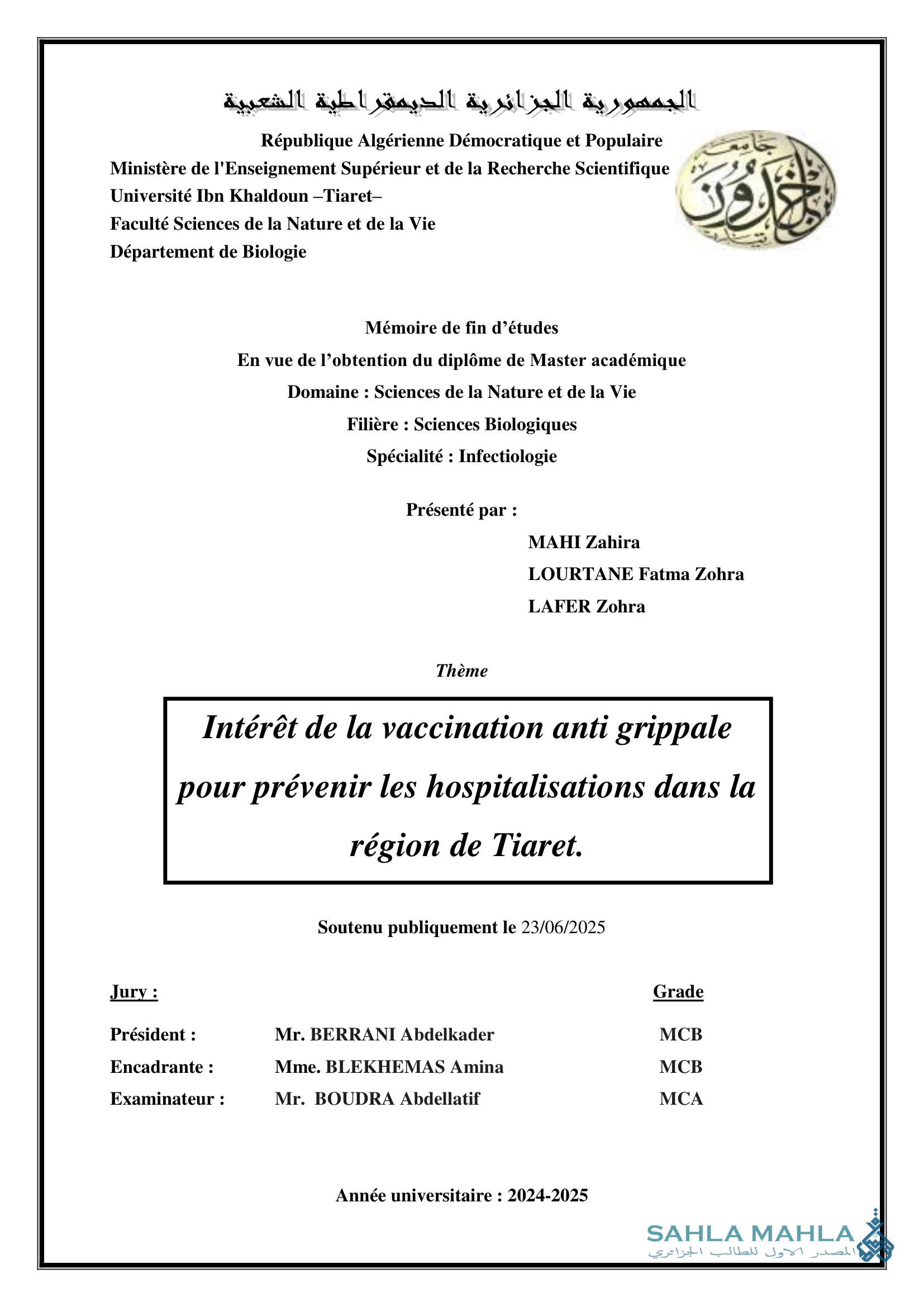 Intérêt de la vaccination anti grippale pour prévenir les hospitalisations dans la région de Tiaret.