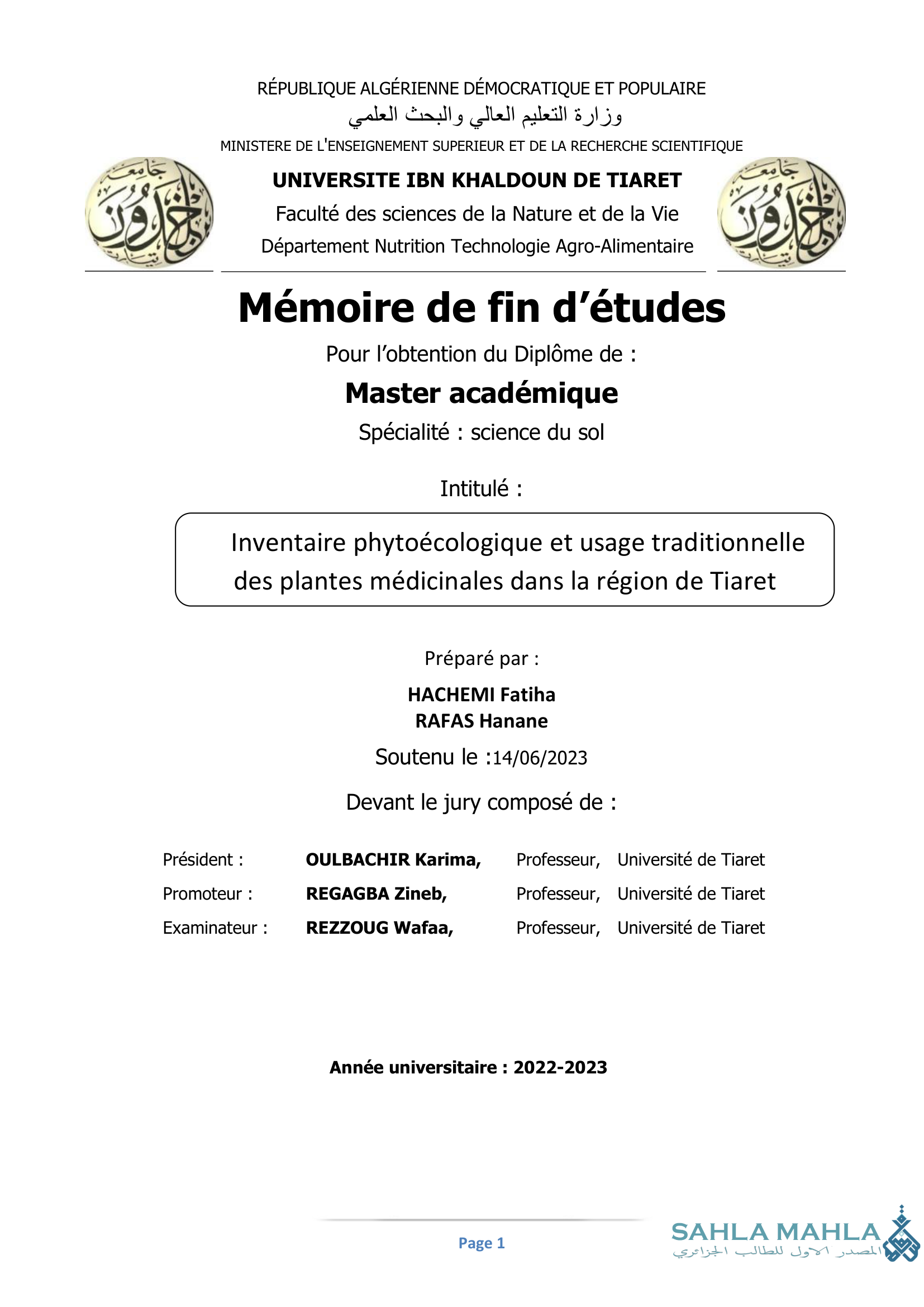 Inventaire phytoécologique et usage traditionnelle des plantes médicinales dans la région de Tiaret