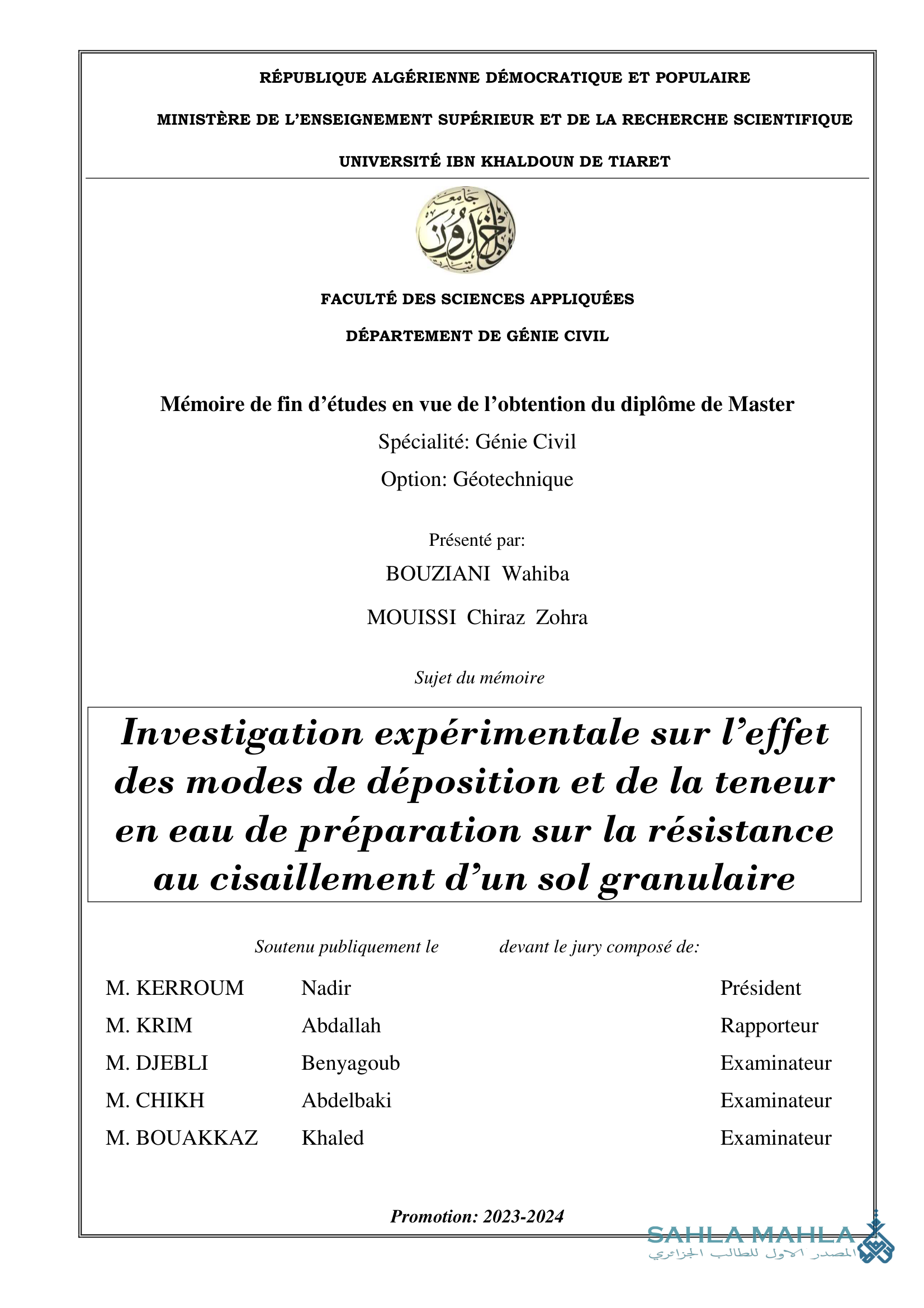Investigation expérimentale sur l'effet des modes de déposition et de la teneur en eau de préparation sur la résistance au cisaillement d'un sol granulaire