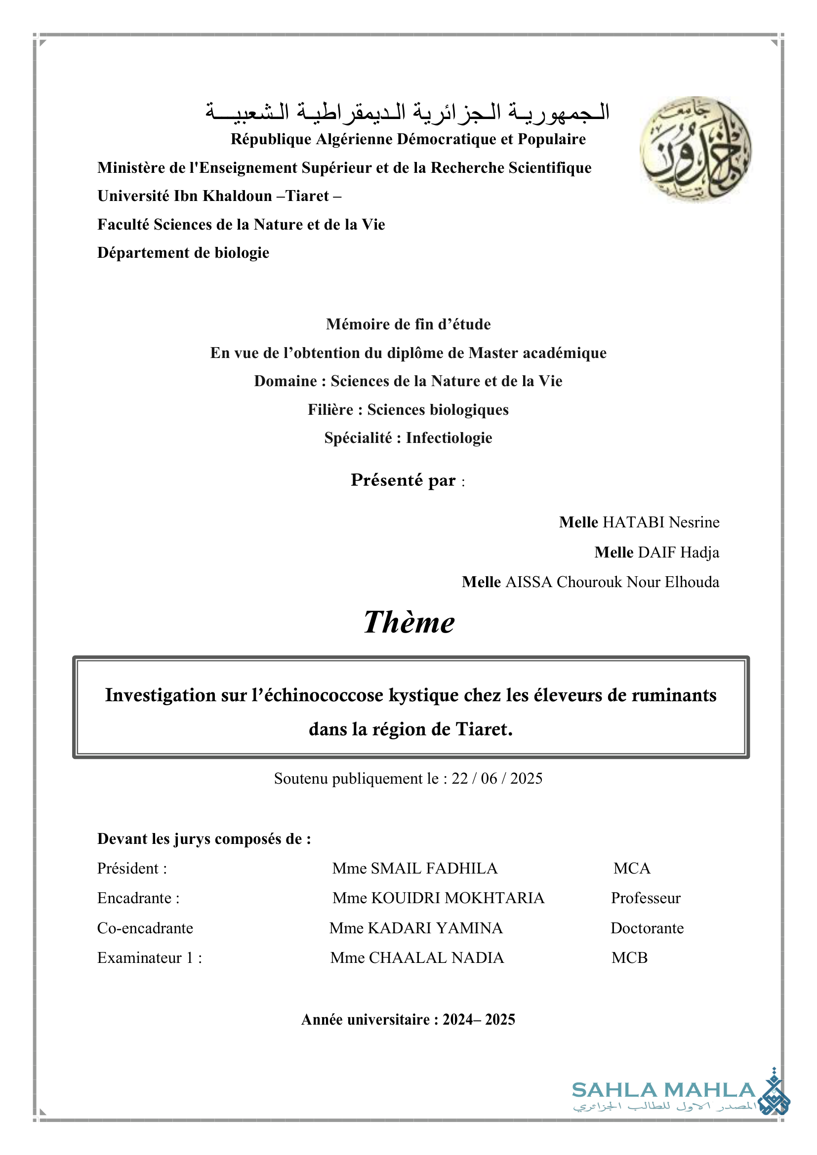 Investigation sur l'échinococcose kystique chez les éleveurs de ruminants dans la région de Tiaret.