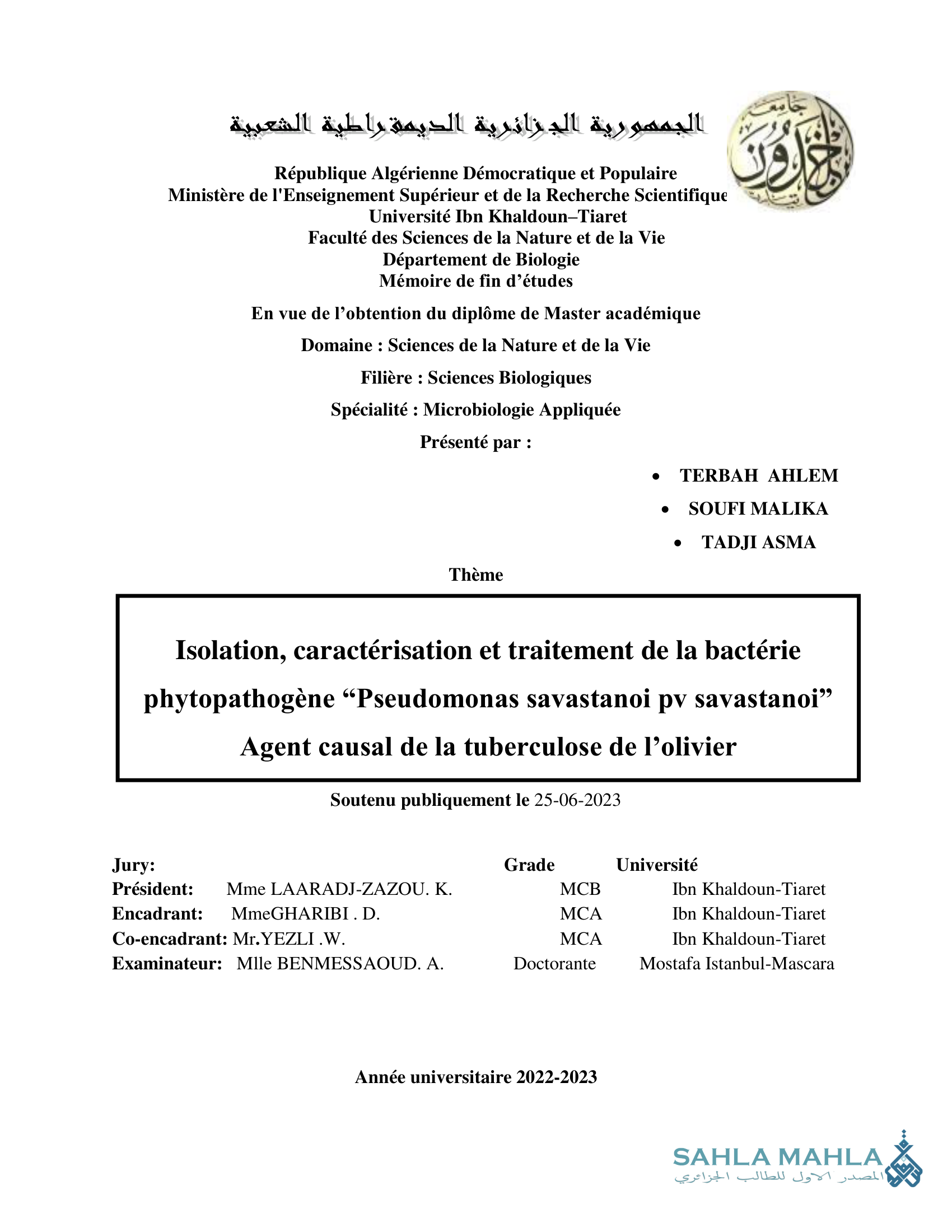 Isolation, caractérisation et traitement de la bactérie phytopathogène 