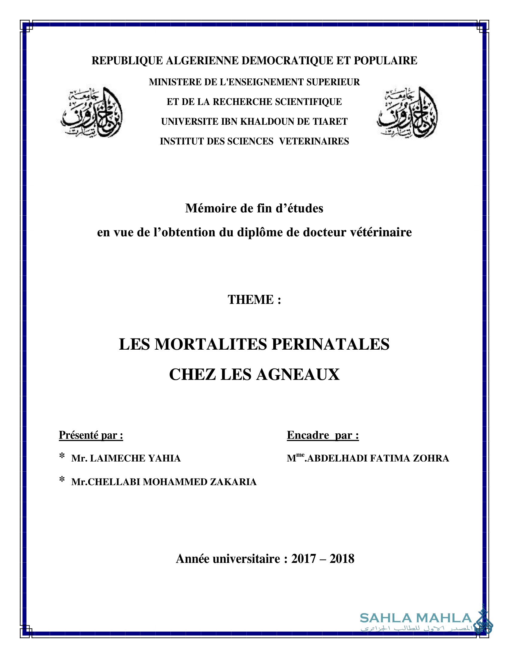 LES MORTALITES PERINATALES CHEZ LES AGNEAUX