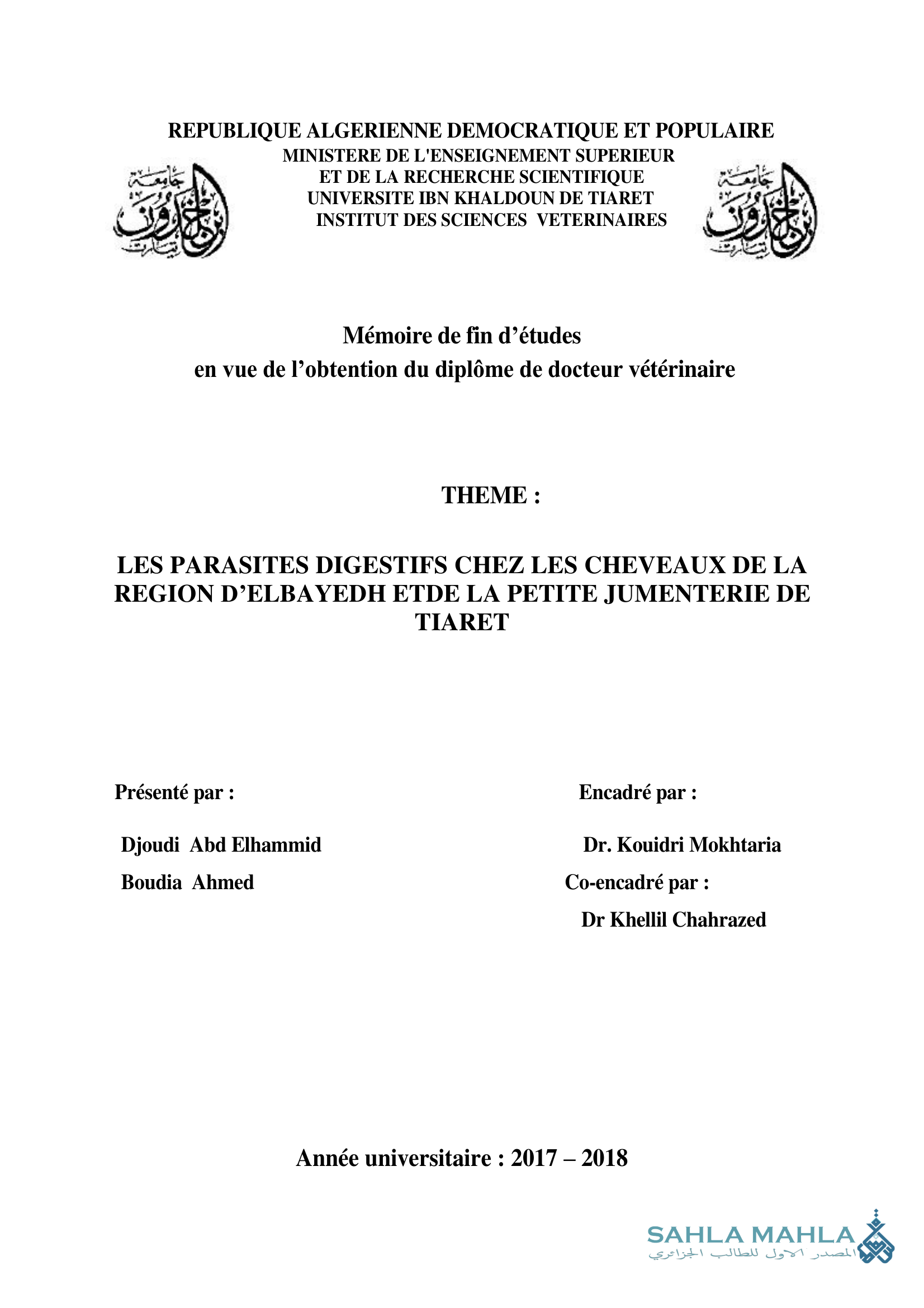 LES PARASITES DIGESTIFS CHEZ LES CHEVEAUX DE LA REGION D'ELBAYEDH ETDE LA PETITE JUMENTERIE DE TIARET