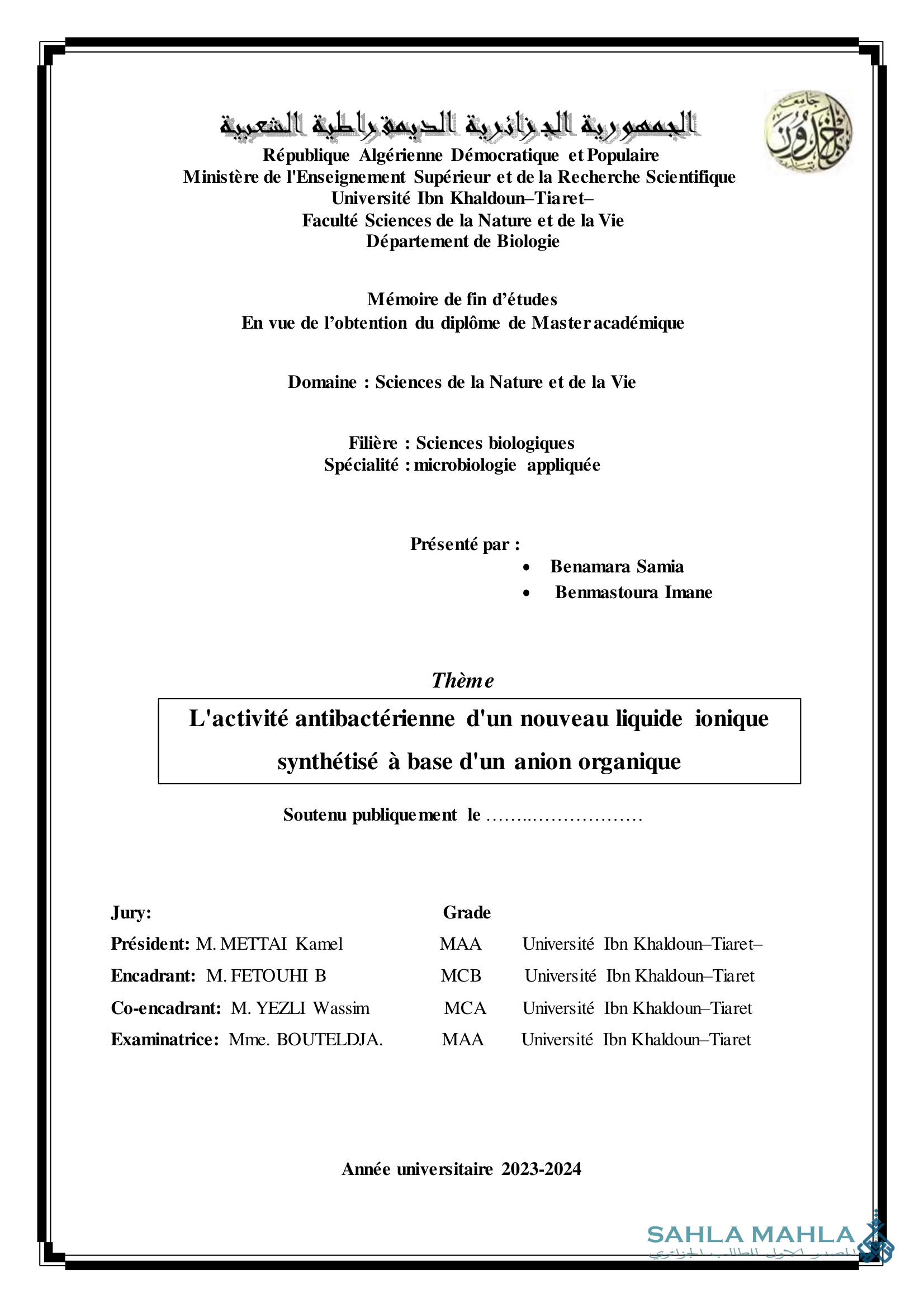 L'activité antibactérienne d'un nouveau liquide ionique synthétisé à base d'un anion organique