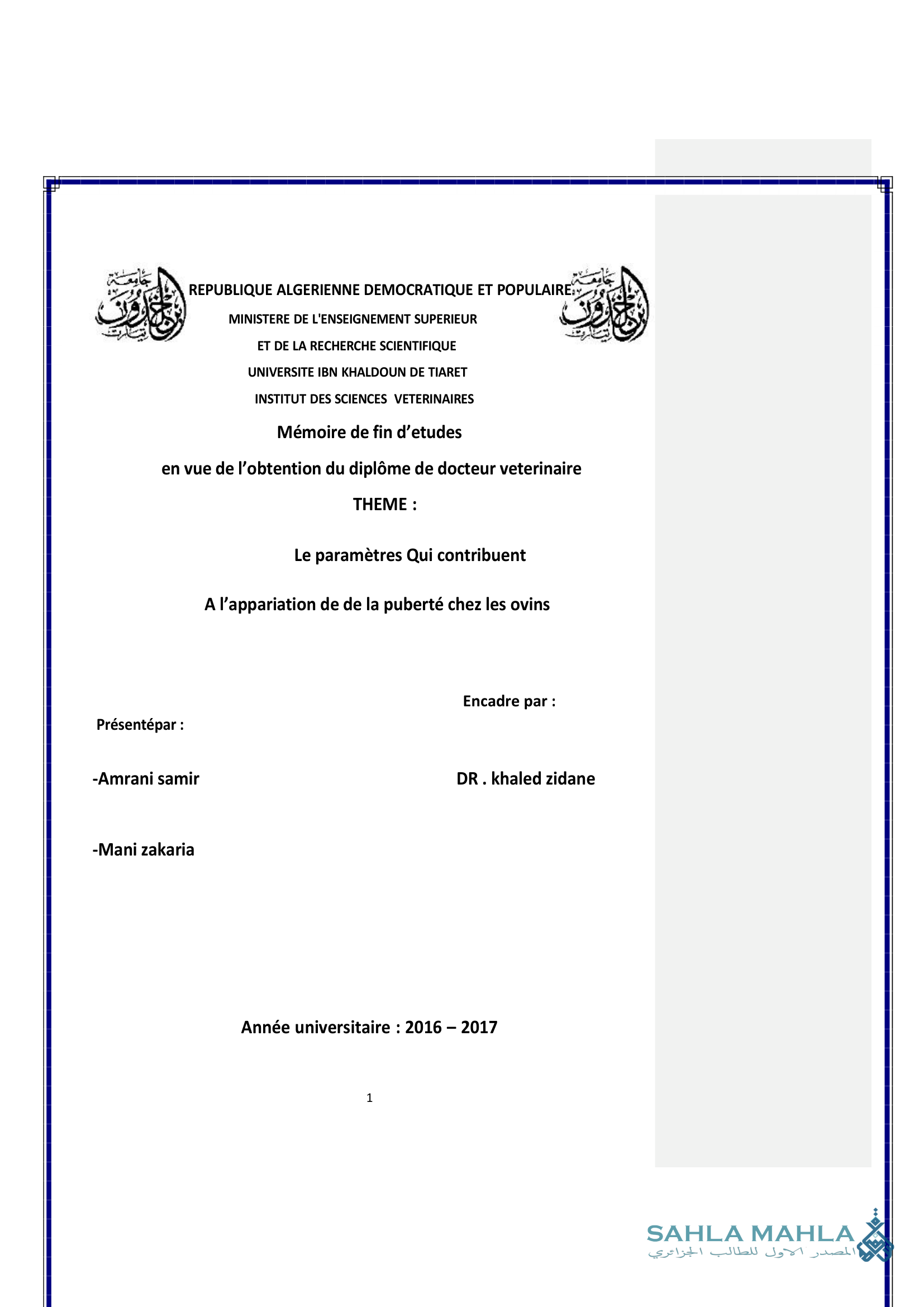 Le paramètres Qui contribuent A l'appariation de de la puberté chez les ovins