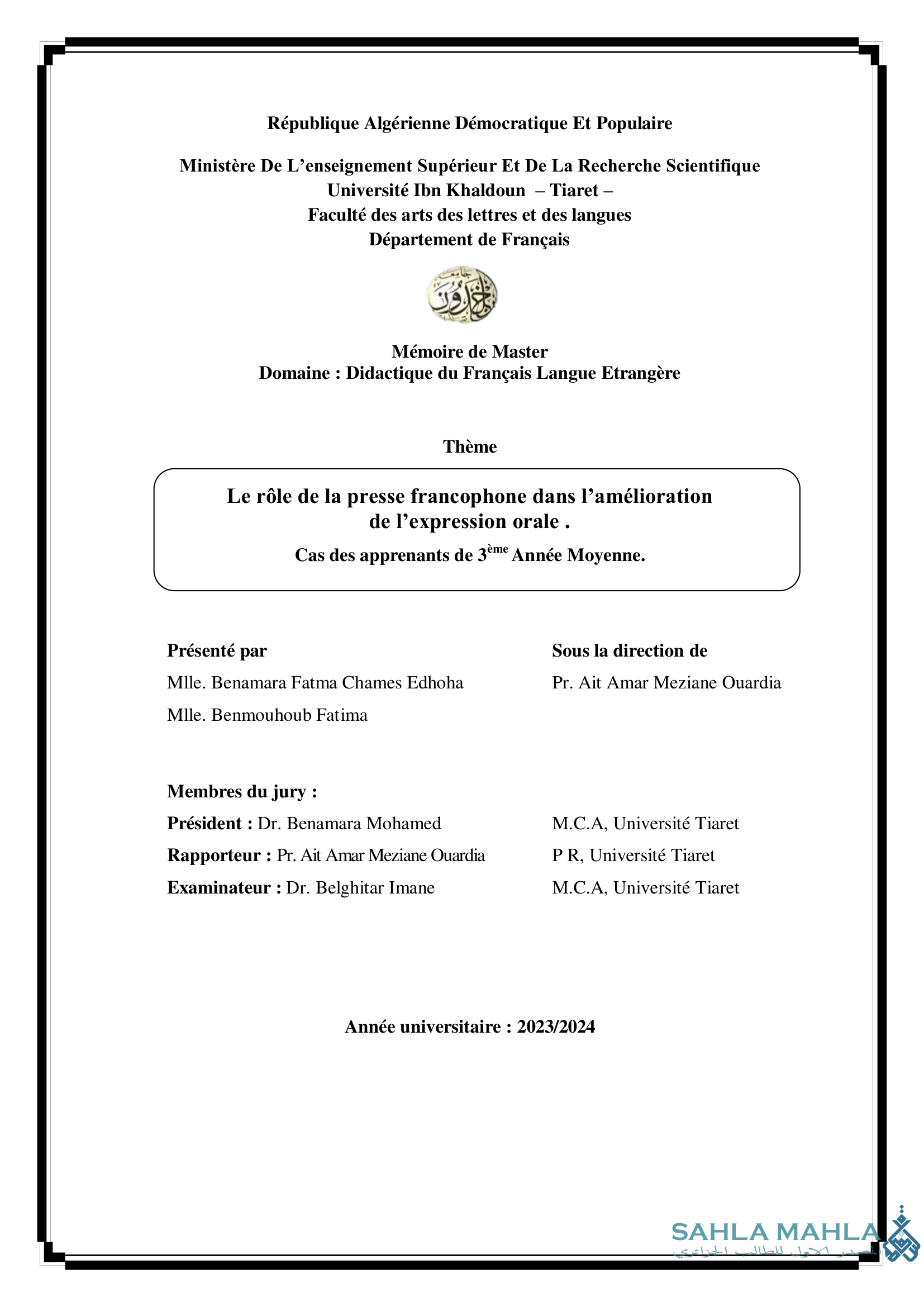 Le rôle de la presse francophone dans l'amélioration de l'expression orale. Cas des apprenants de 3ème Année Moyenne.