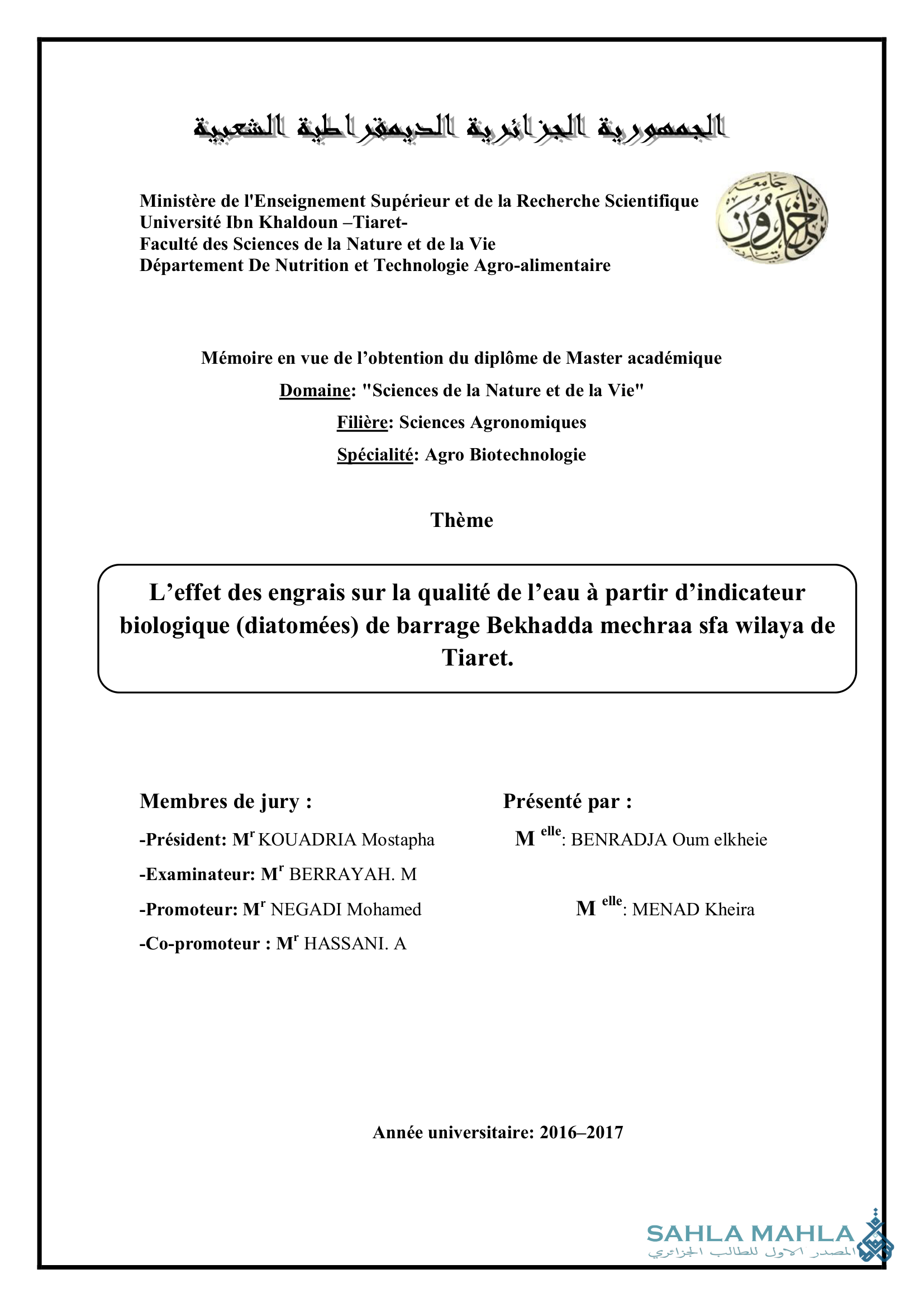 L'effet des engrais sur la qualité de l'eau à partir d'indicateur biologique (diatomées) de barrage Bekhadda mechraa sfa wilaya de Tiaret.
