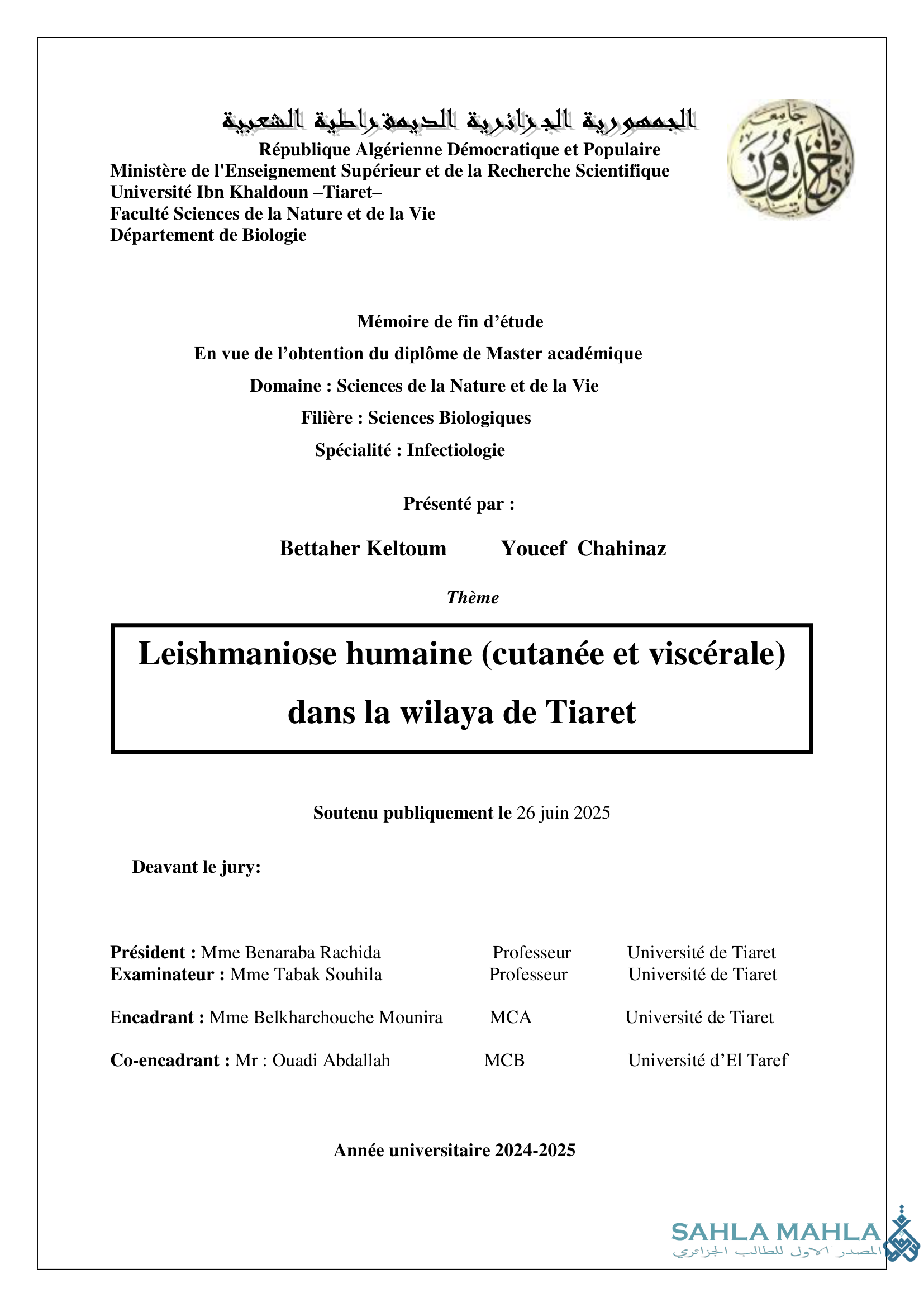 Leishmaniose humaine (cutanée et viscérale) dans la wilaya de Tiaret
