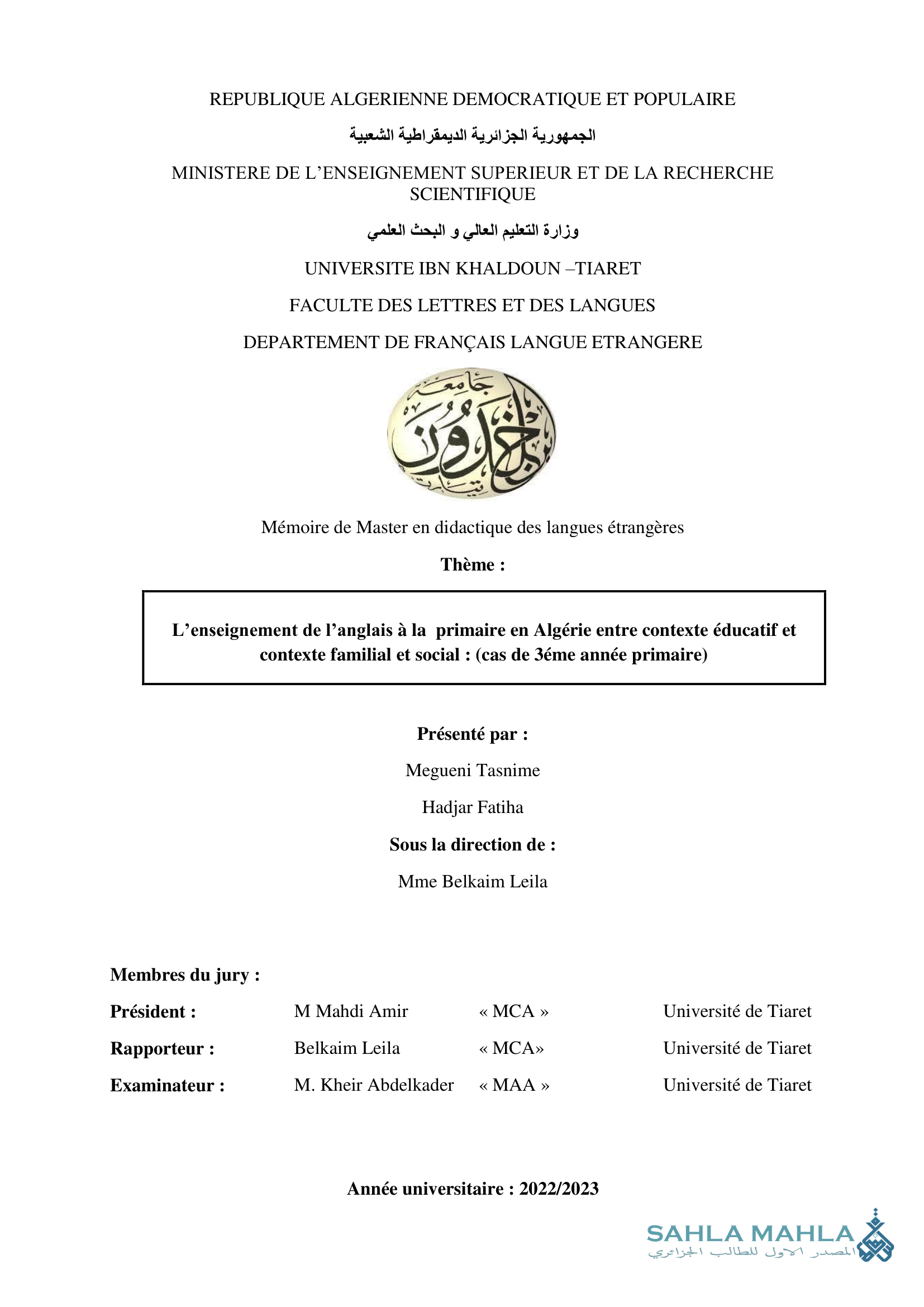 L'enseignement de l'anglais à la primaire en Algérie entre contexte éducatif et contexte familial et social: (cas de 3éme année primaire)