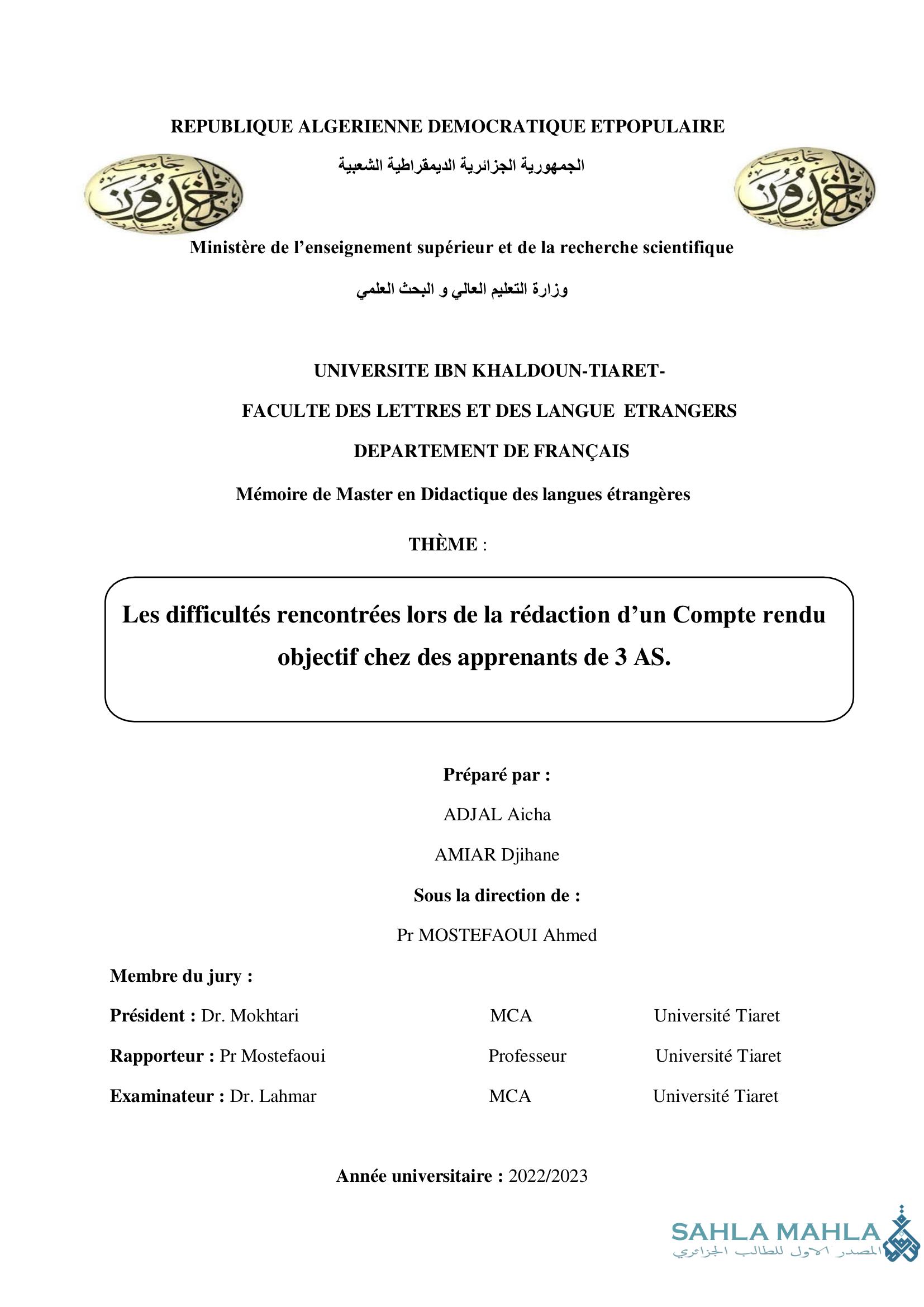 Les difficultés rencontrées lors de la rédaction d'un Compte rendu objectif chez des apprenants de 3 AS.