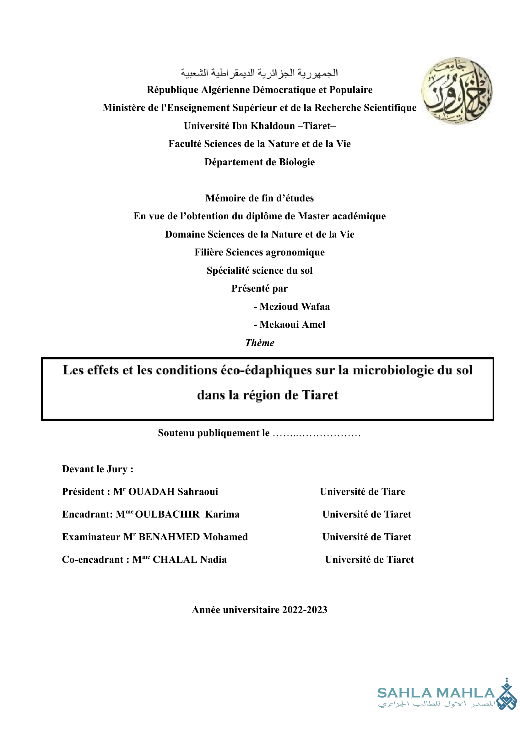 Les effets et les conditions éco-édaphiques sur la microbiologie du sol dans la région de Tiaret