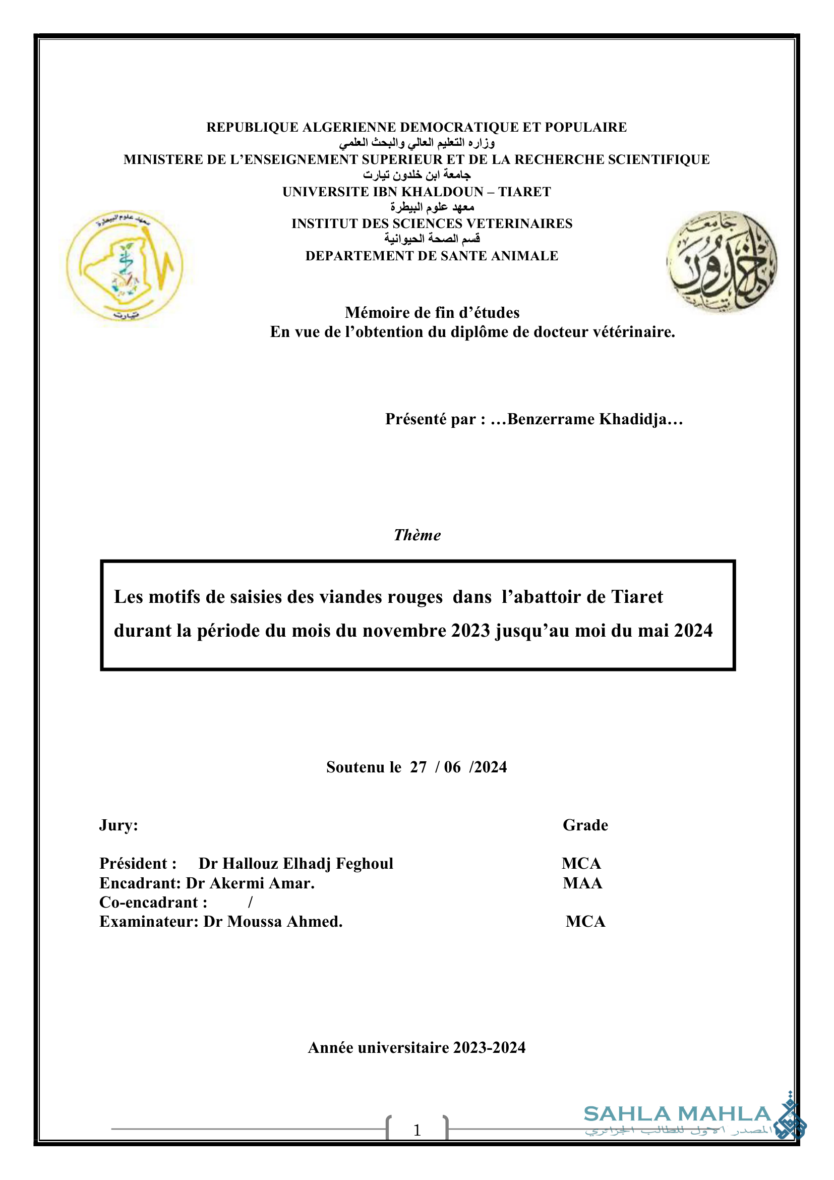 Les motifs de saisies des viandes rouges dans l'abattoir de Tiaret durant la période du mois du novembre 2023 jusqu'au moi du mai 2024