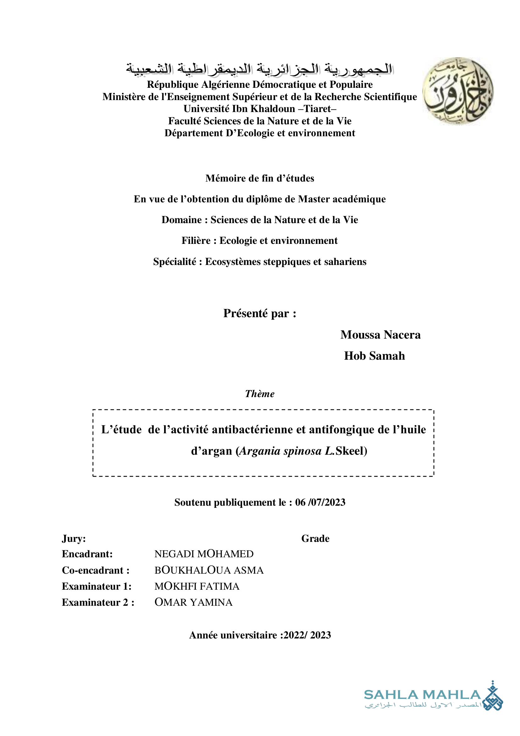 L'étude de l'activité antibactérienne et antifongique de l'huile d'argan (Argania spinosa L.Skeel)