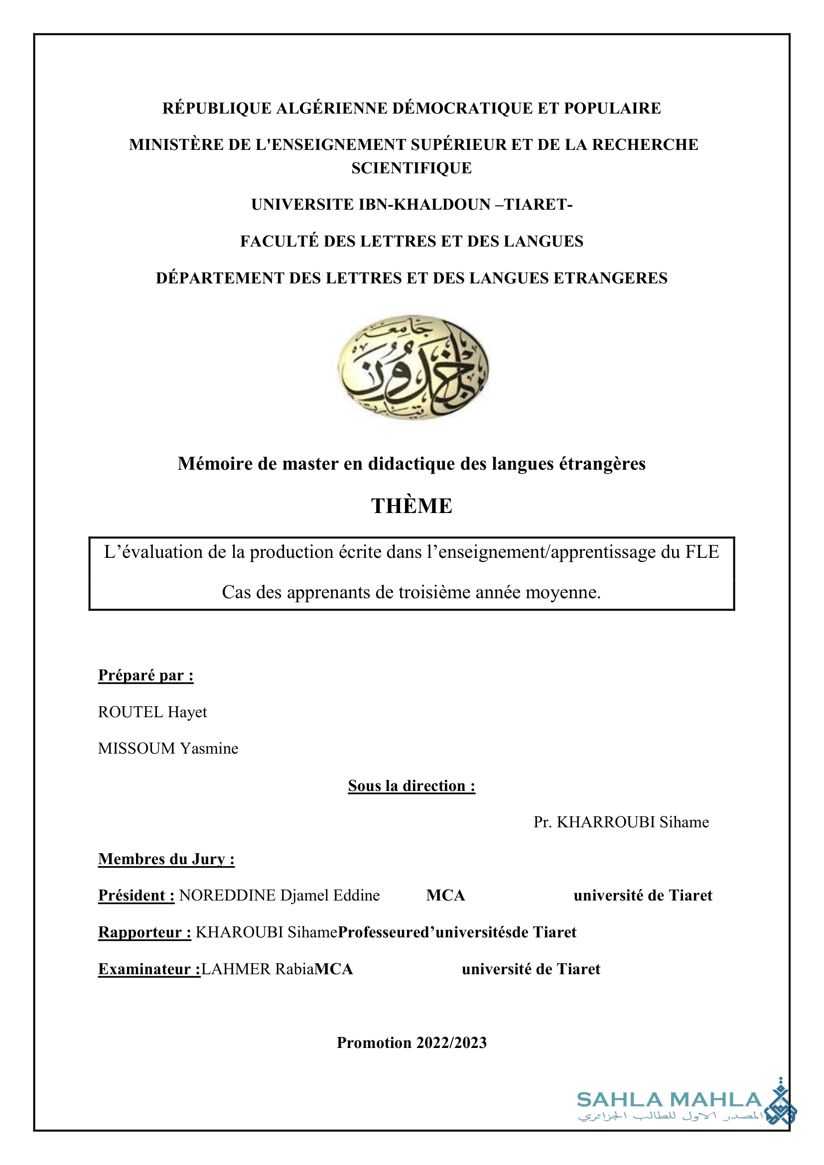 L'évaluation de la production écrite dans l'enseignement/apprentissage du FLE Cas des apprenants de troisième année moyenne.