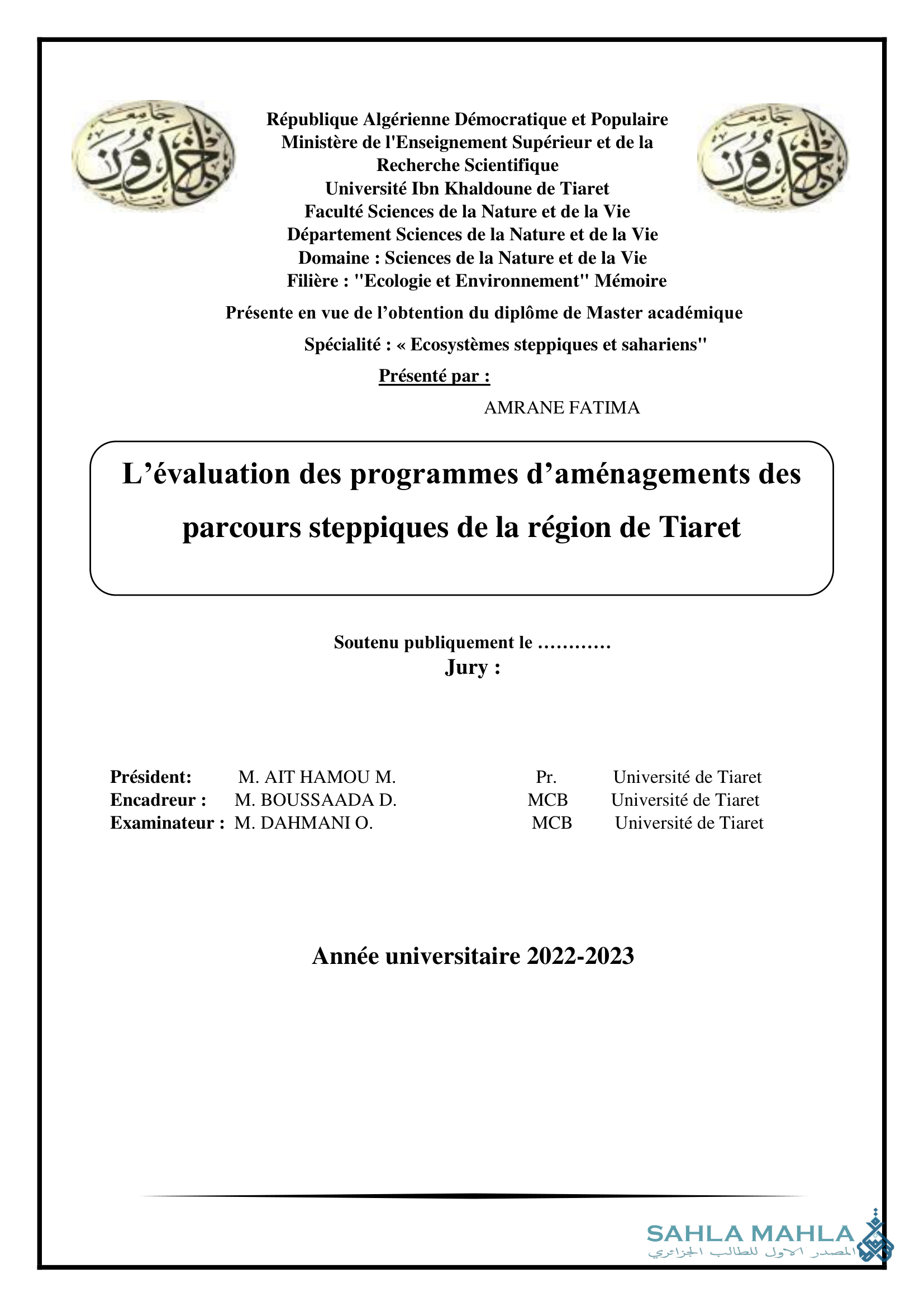 L'évaluation des programmes d'aménagements des parcours steppiques de la région de Tiaret