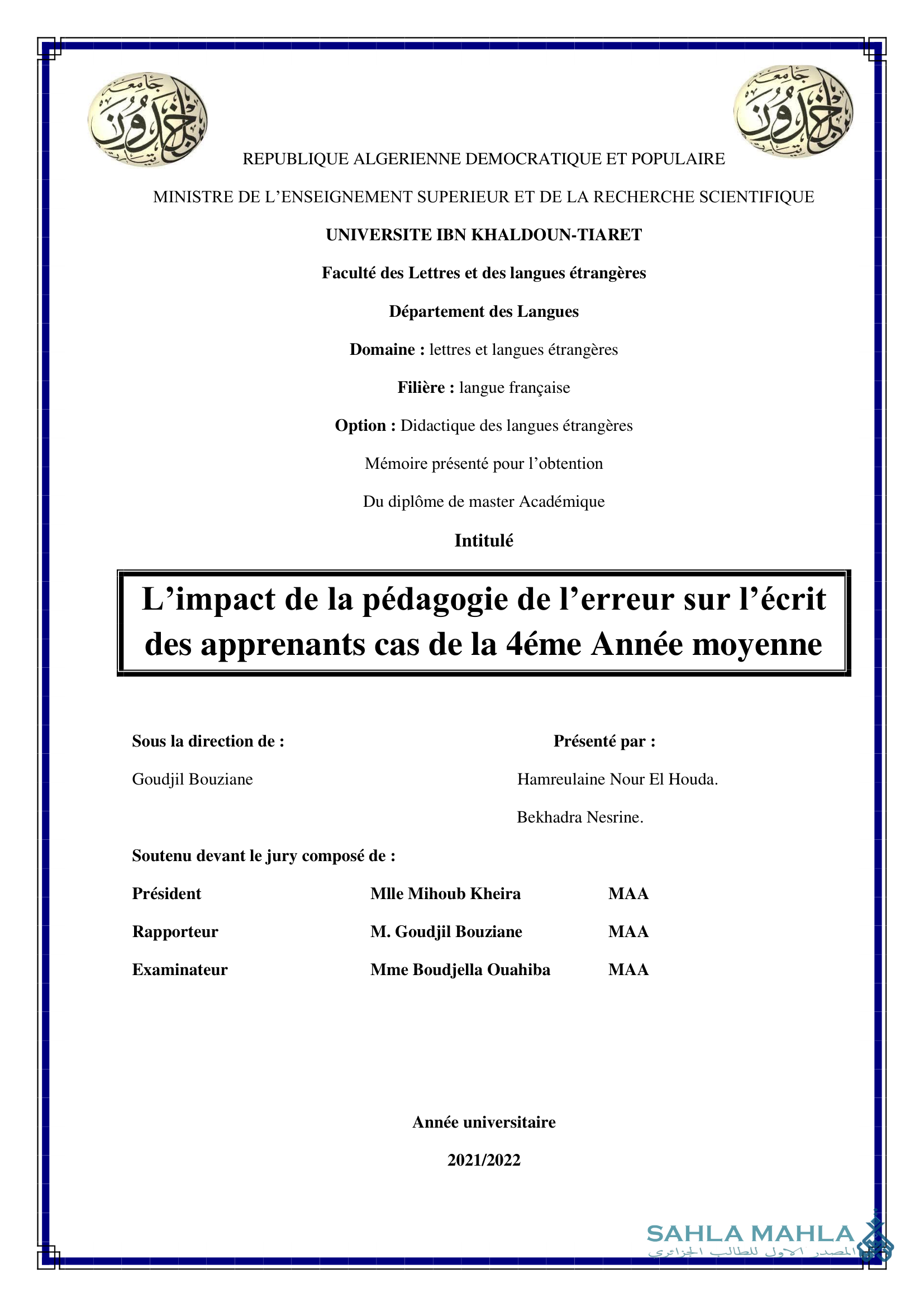 L'impact de la pédagogie de l'erreur sur l'écrit des apprenants cas de la 4éme Année moyenne