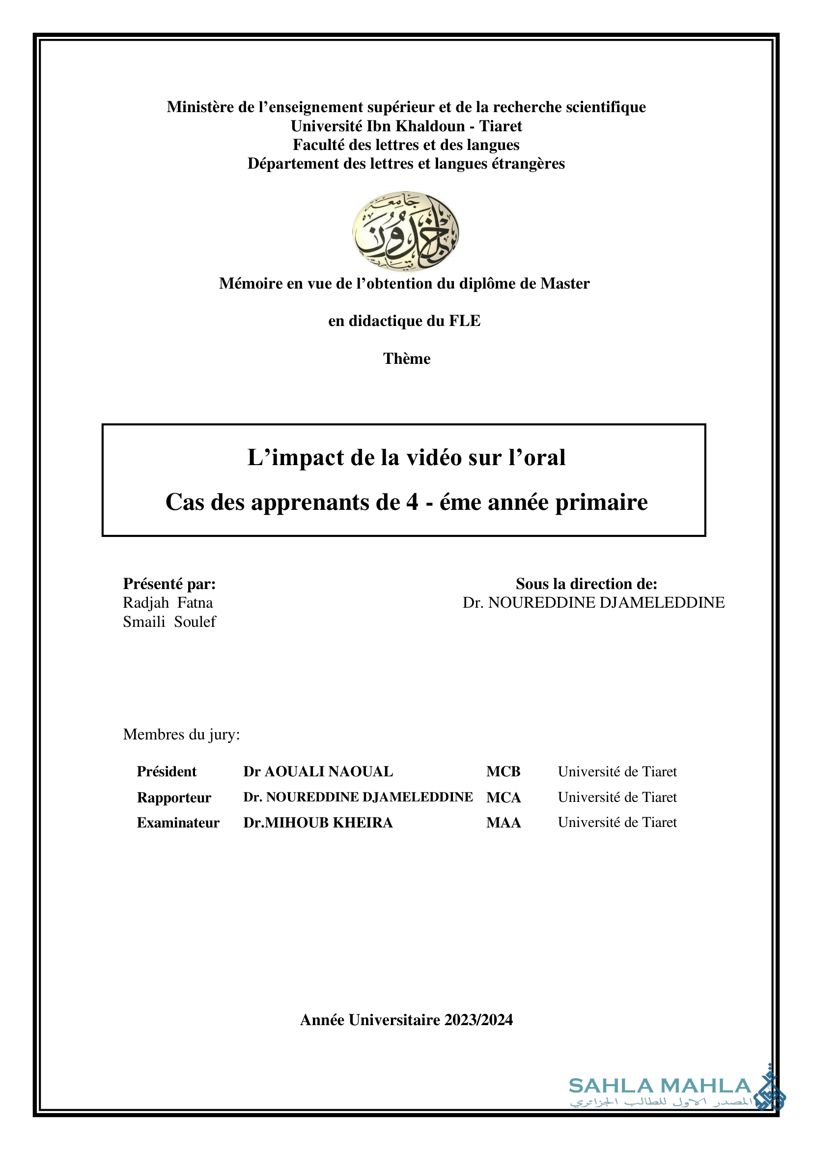 L'impact de la vidéo sur l'oral Cas des apprenants de 4 - éme année primaire