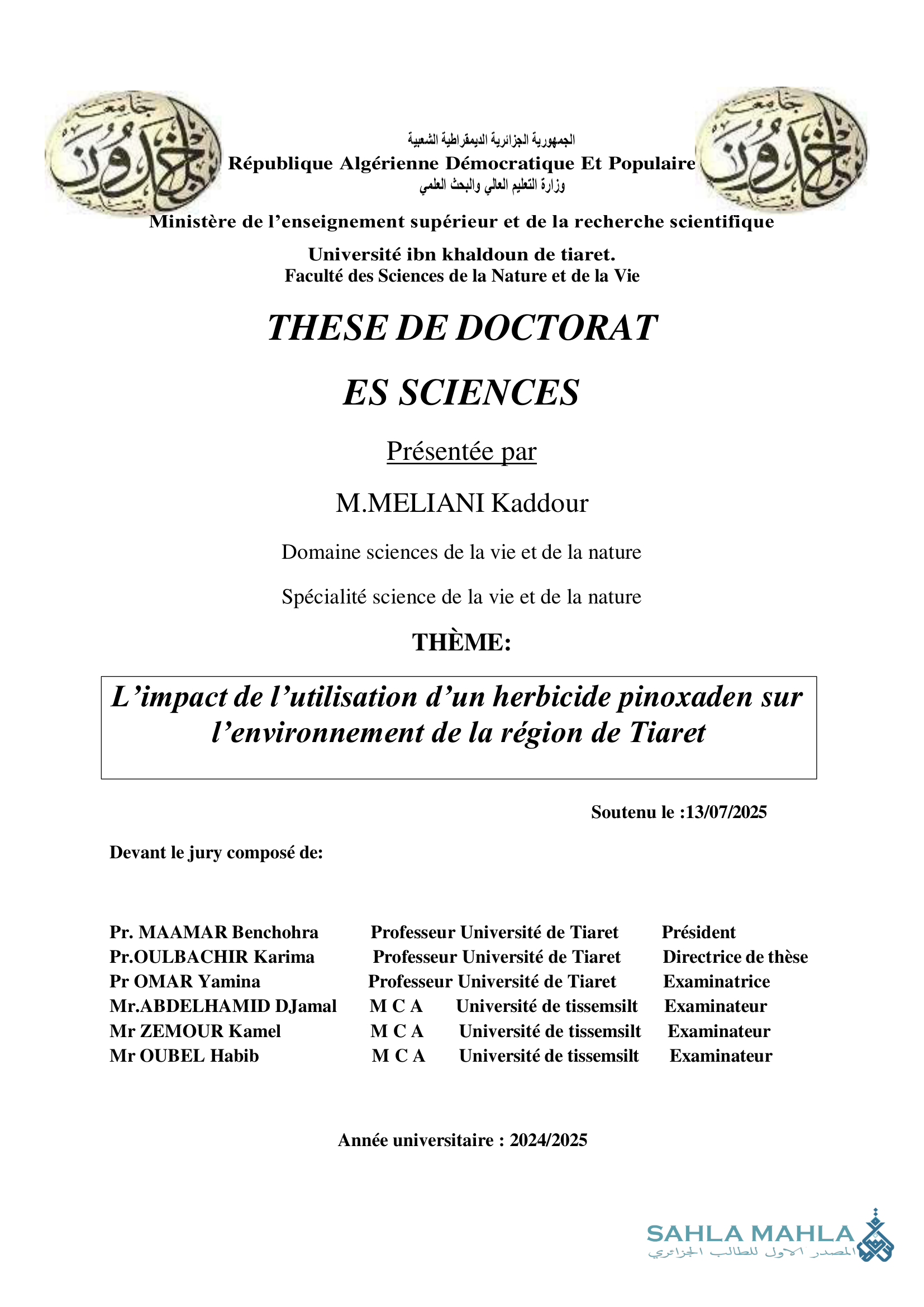 L'impact de l'utilisation d'un herbicide pinoxaden sur l'environnement de la région de Tiaret