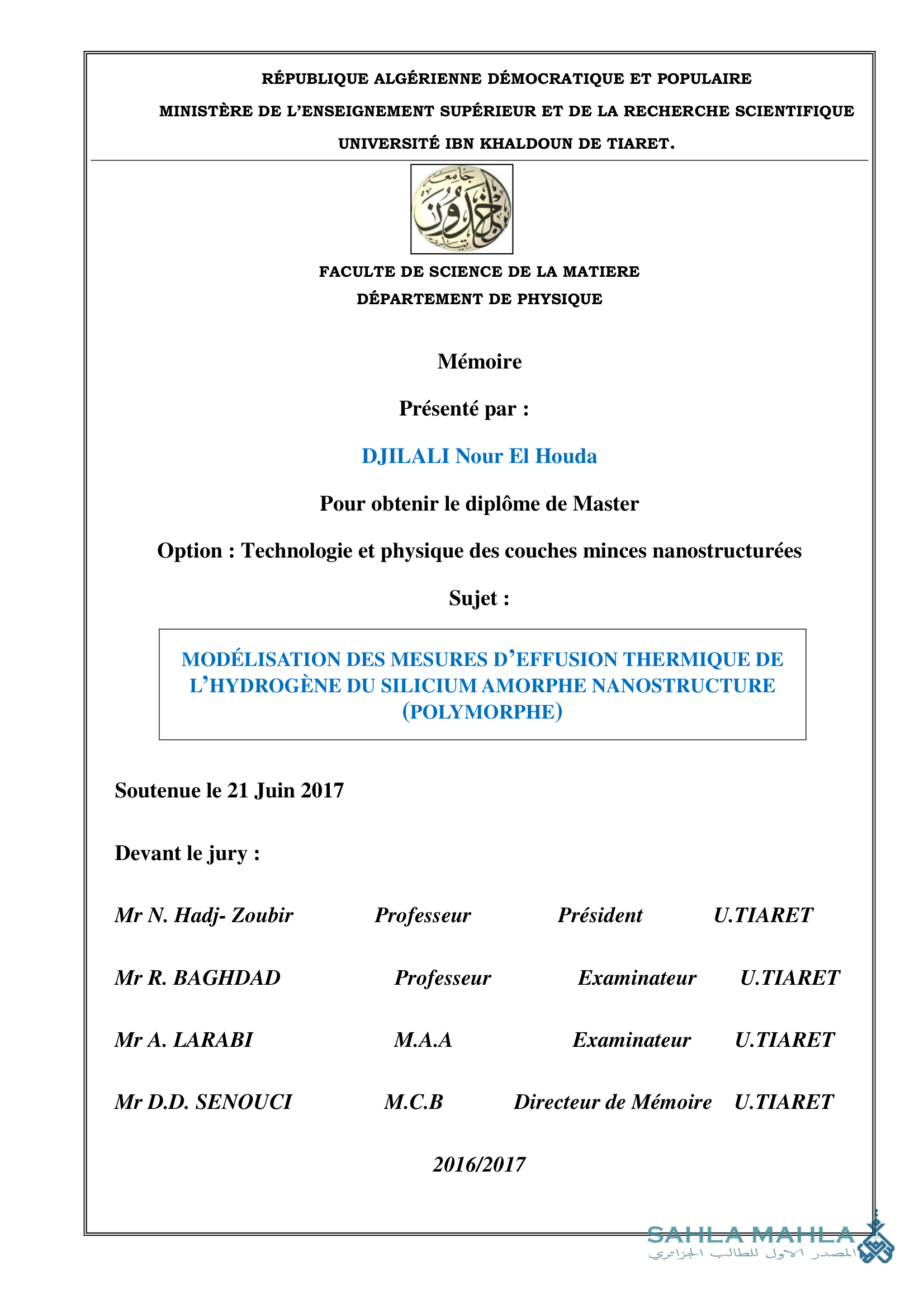 MODÉLISATION DES MESURES D'EFFUSION THERMIQUE DE L'HYDROGÈNE DU SILICIUM AMORPHE NANOSTRUCTURE (POLYMORPHE)